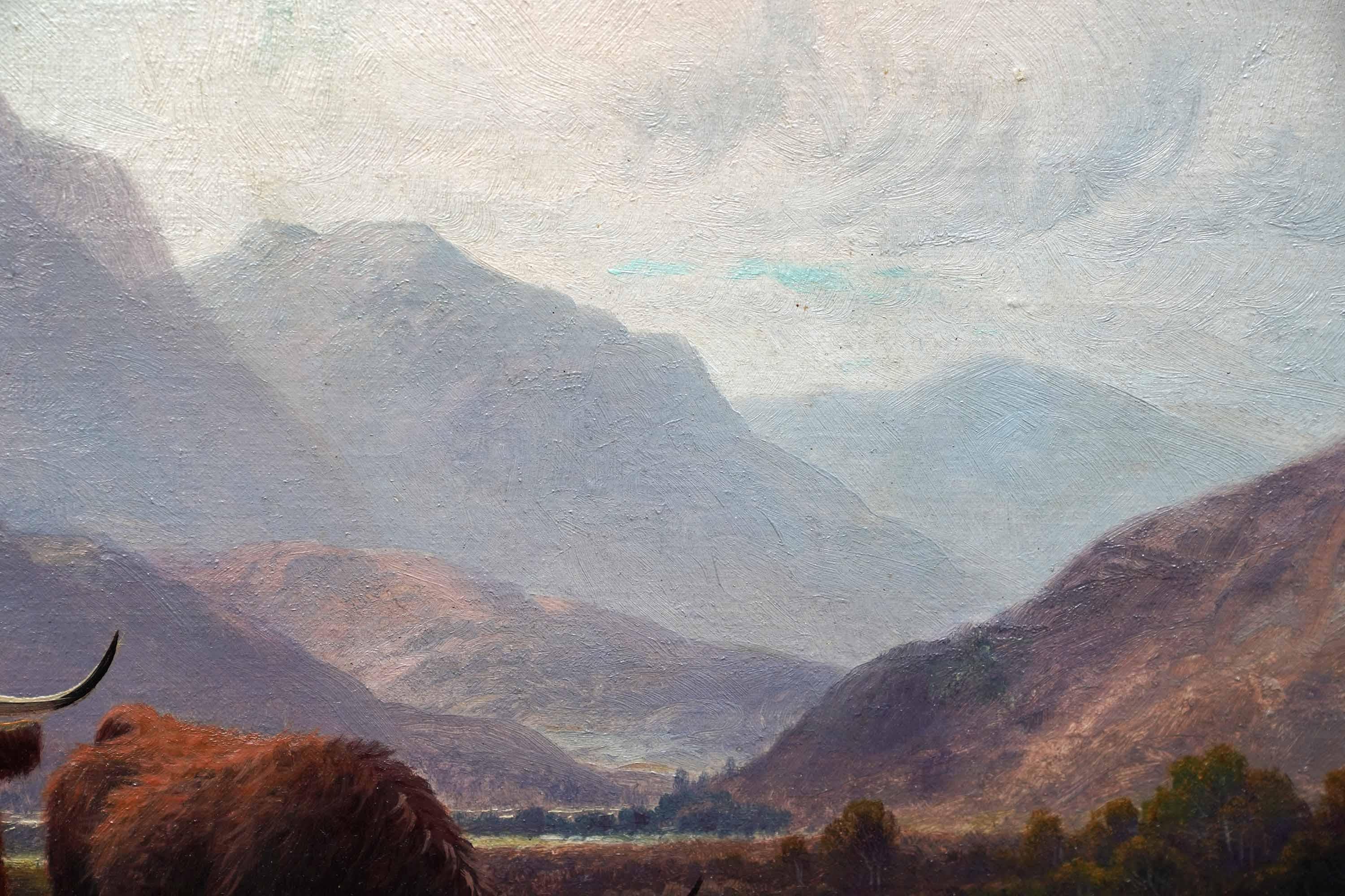 Bestiame delle Highlands in una pozza di brughiera, Perthshire - dipinto a olio d'arte britannico del 19° secolo in vendita 2