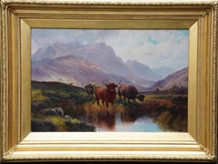 Bestiame delle Highlands in una pozza di brughiera, Perthshire - dipinto a olio d'arte britannico del 19° secolo