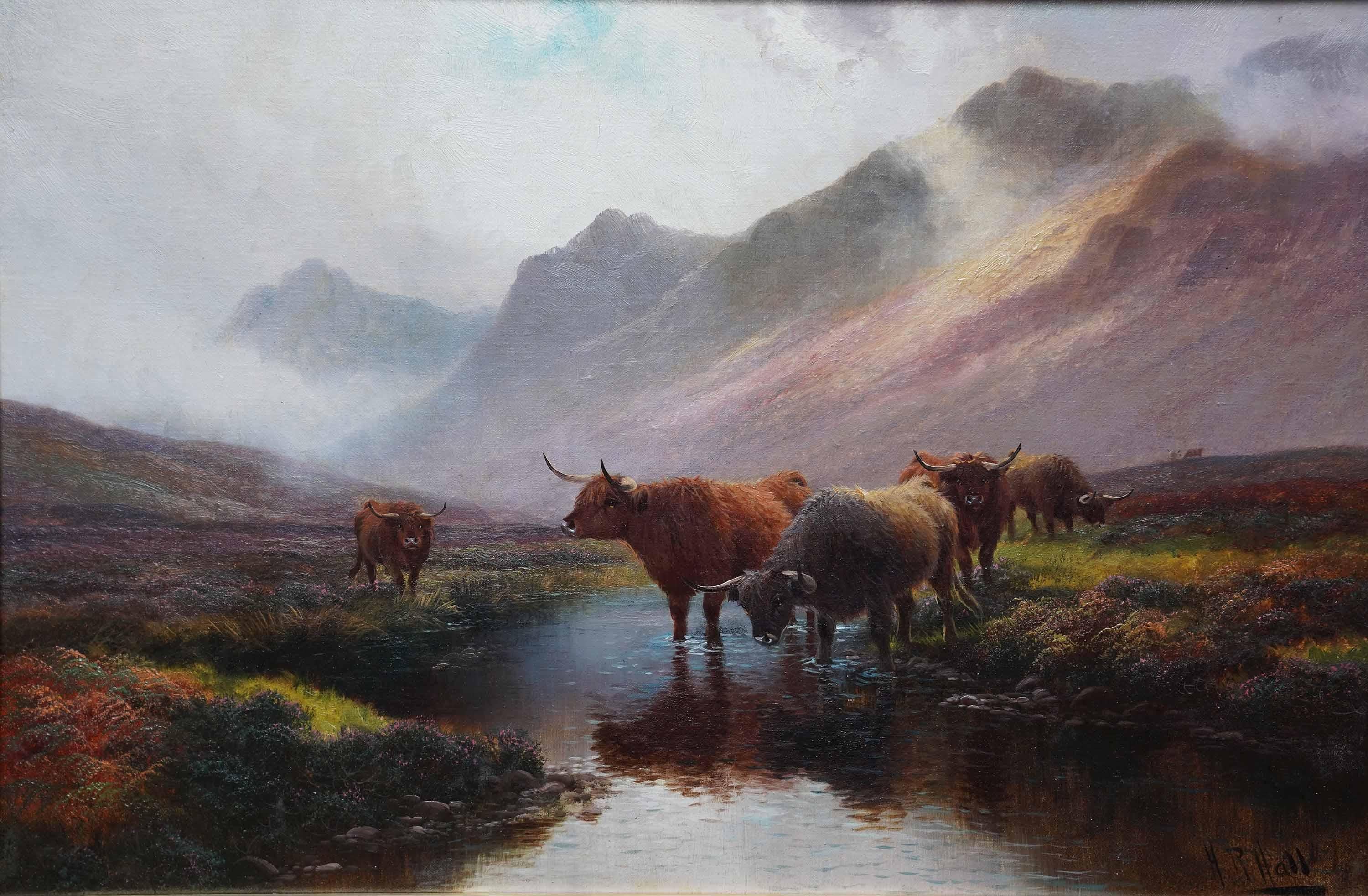 Bestiame delle Highlands Glen Sannox Arran - Pittura ad olio di un paesaggio dell'arte vittoriana britannica - Painting di  Henry Robinson Hall