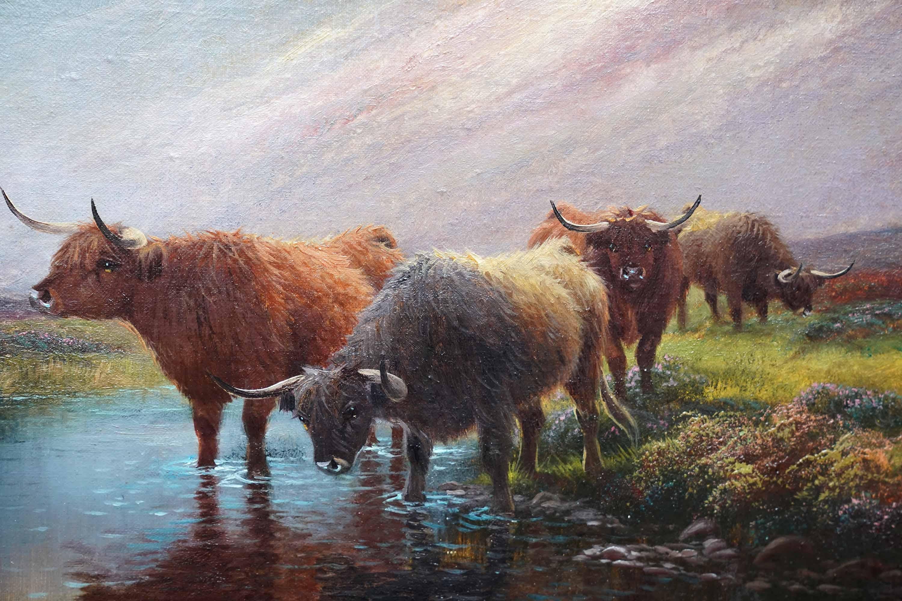 Bestiame delle Highlands Glen Sannox Arran - Pittura ad olio di un paesaggio dell'arte vittoriana britannica - Animal Painting Marrone di  Henry Robinson Hall