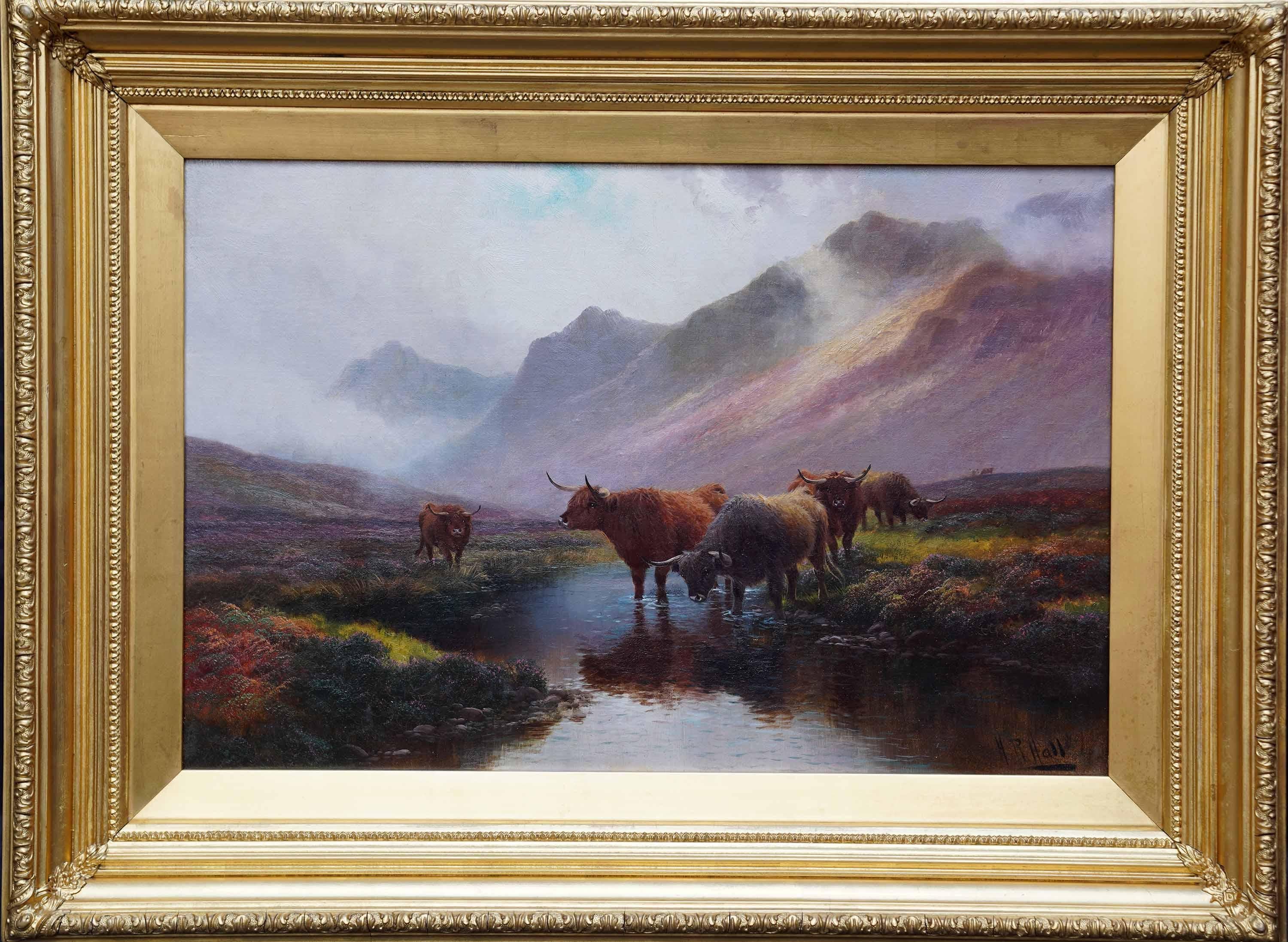 Animal Painting di  Henry Robinson Hall - Bestiame delle Highlands Glen Sannox Arran - Pittura ad olio di un paesaggio dell'arte vittoriana britannica