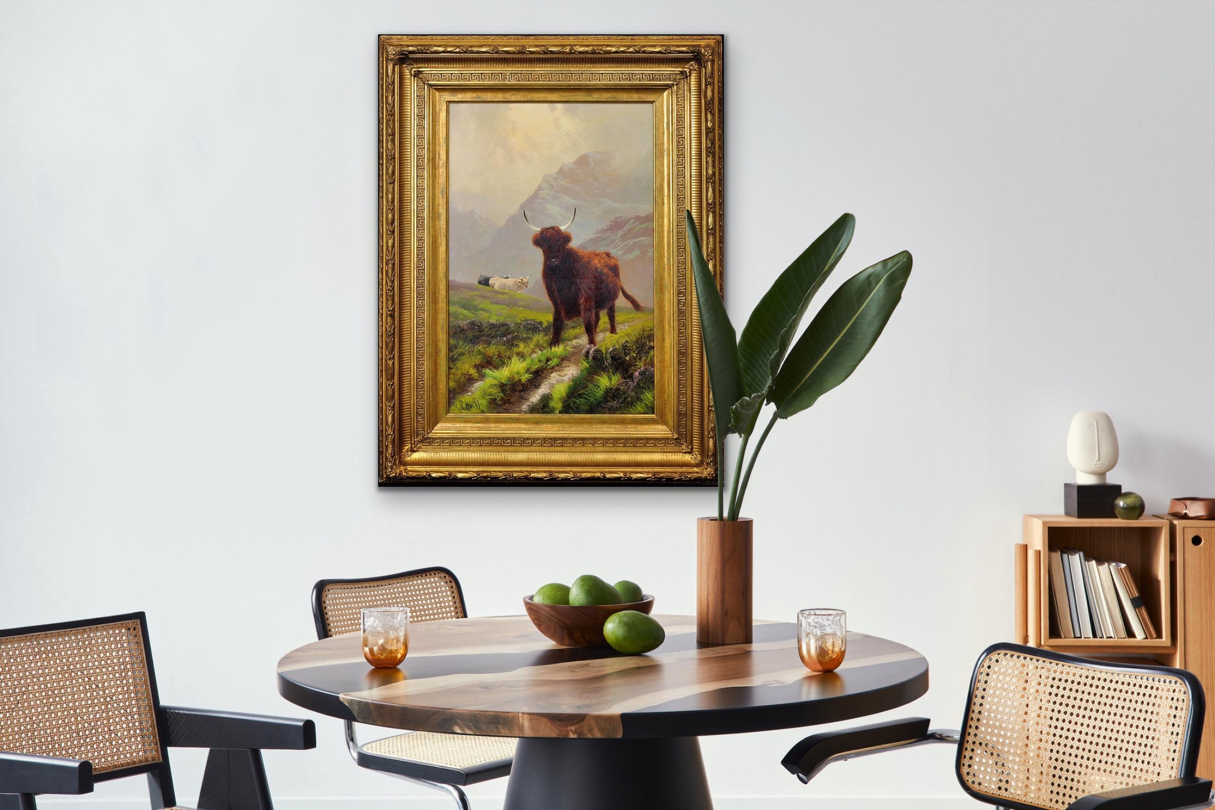 Ganado de las Tierras Altas en un Paisaje Escocés de Tierras Altas Escocia Pintura al Óleo Enmarcada en venta 8