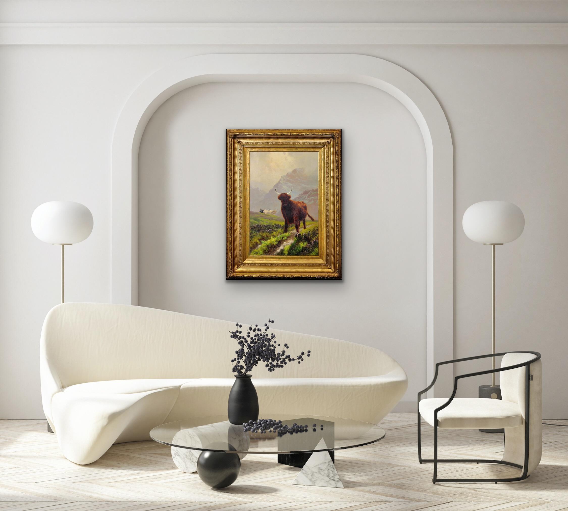 Ganado de las Tierras Altas en un Paisaje Escocés de Tierras Altas Escocia Pintura al Óleo Enmarcada en venta 9