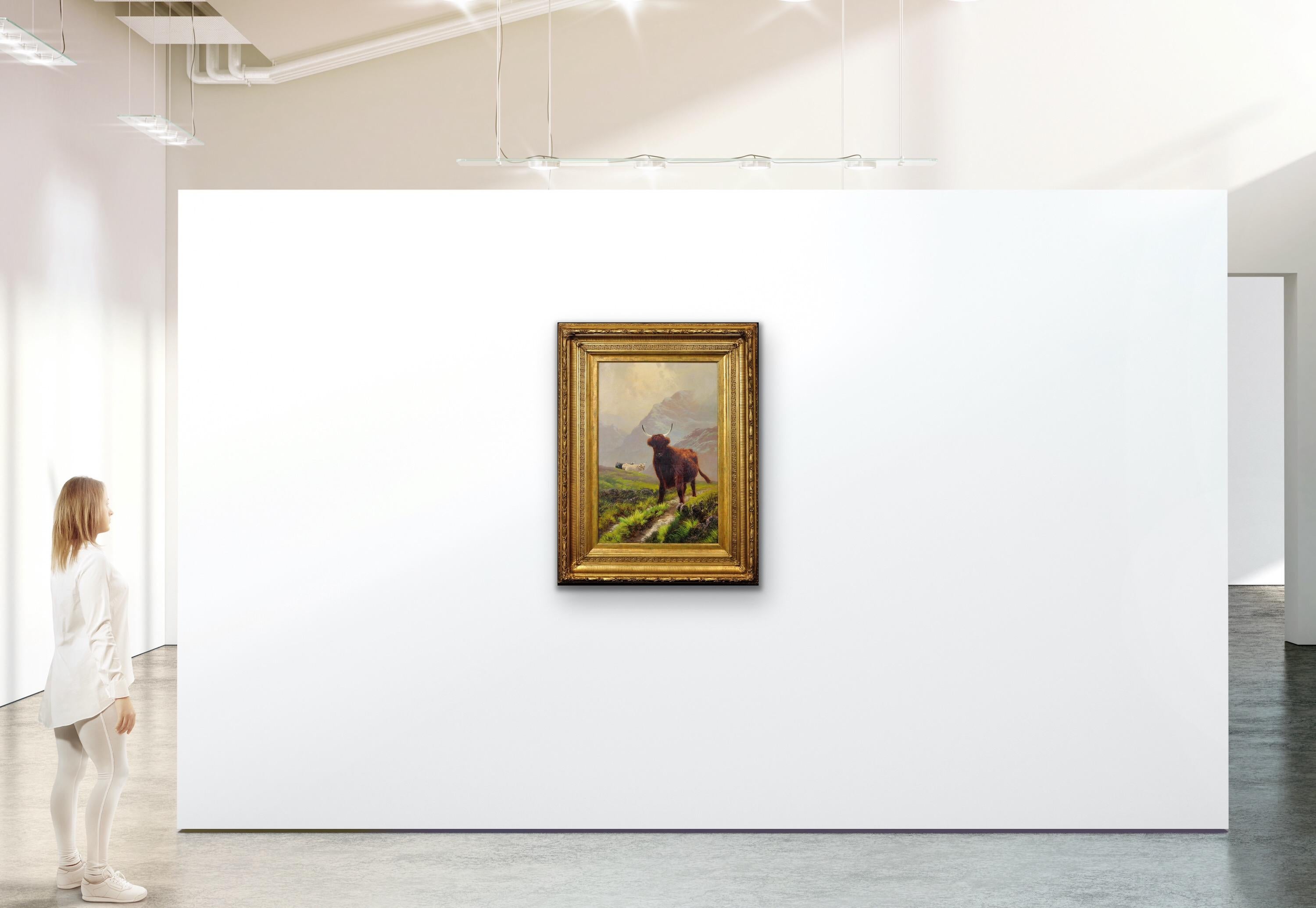 Ganado de las Tierras Altas en un Paisaje Escocés de Tierras Altas Escocia Pintura al Óleo Enmarcada en venta 11