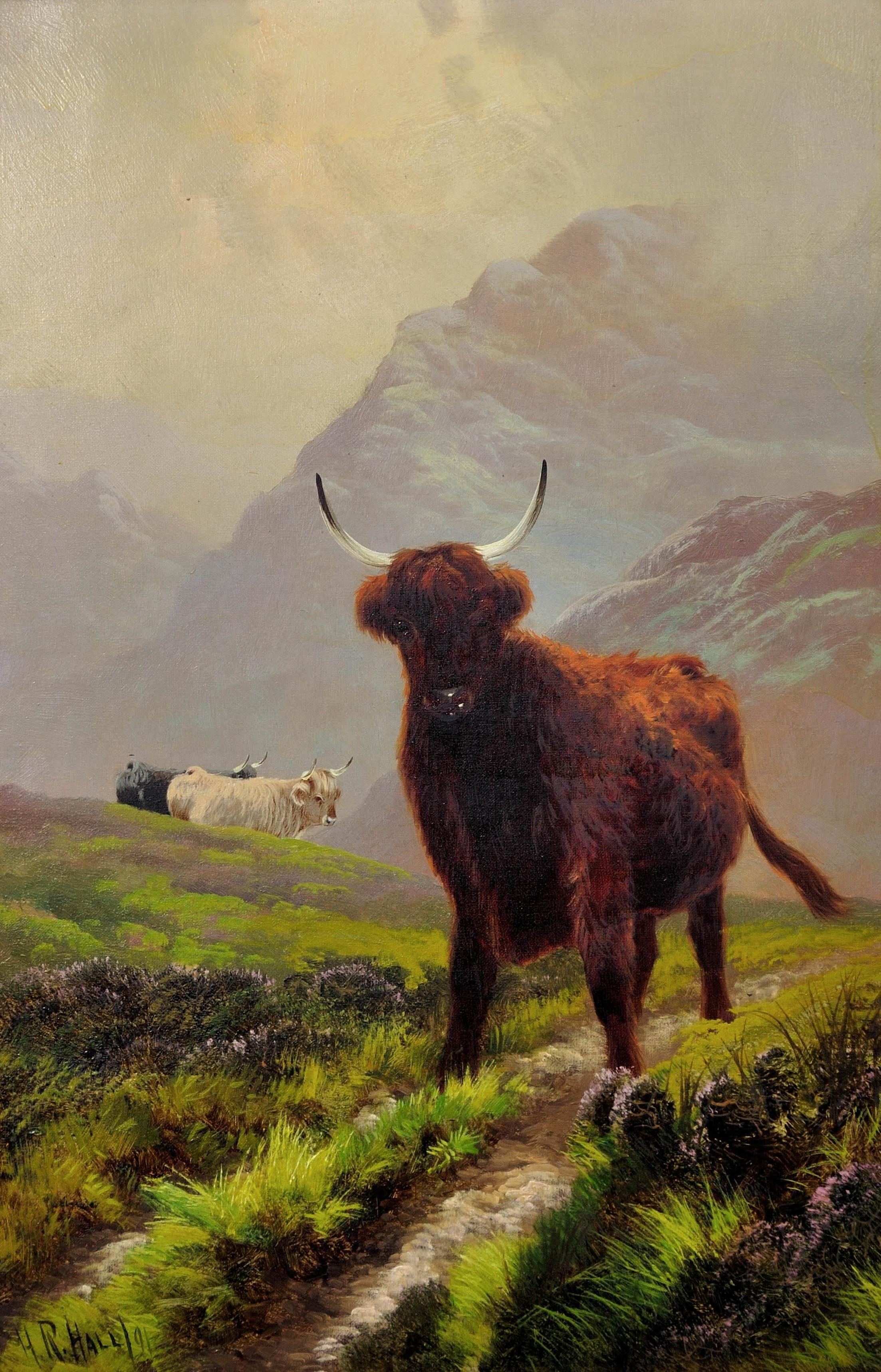 Ganado de las Tierras Altas en un Paisaje Escocés de Tierras Altas Escocia Pintura al Óleo Enmarcada - Painting de  Henry Robinson Hall