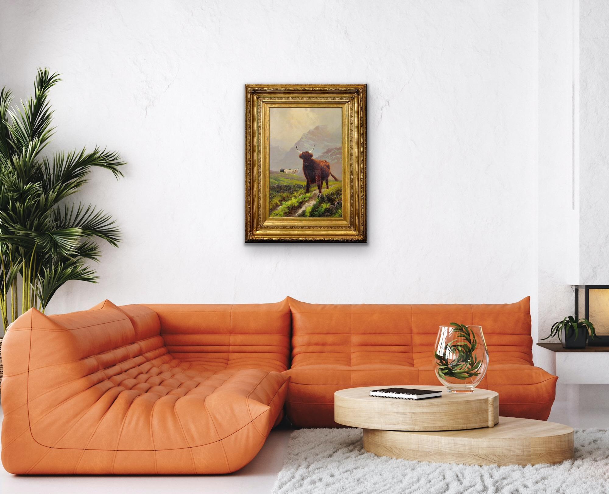 Ganado de las Tierras Altas en un Paisaje Escocés de Tierras Altas Escocia Pintura al Óleo Enmarcada en venta 15