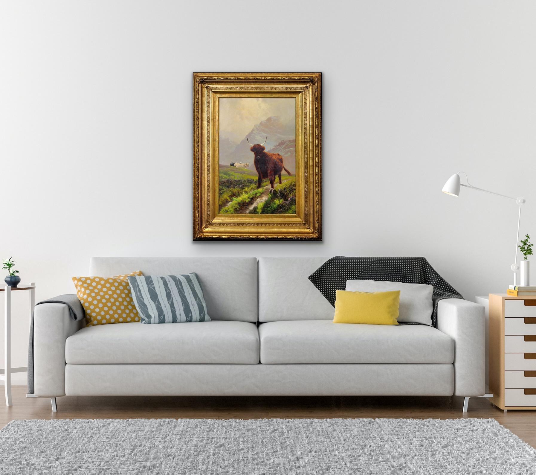 Ganado de las Tierras Altas en un Paisaje Escocés de Tierras Altas Escocia Pintura al Óleo Enmarcada en venta 3