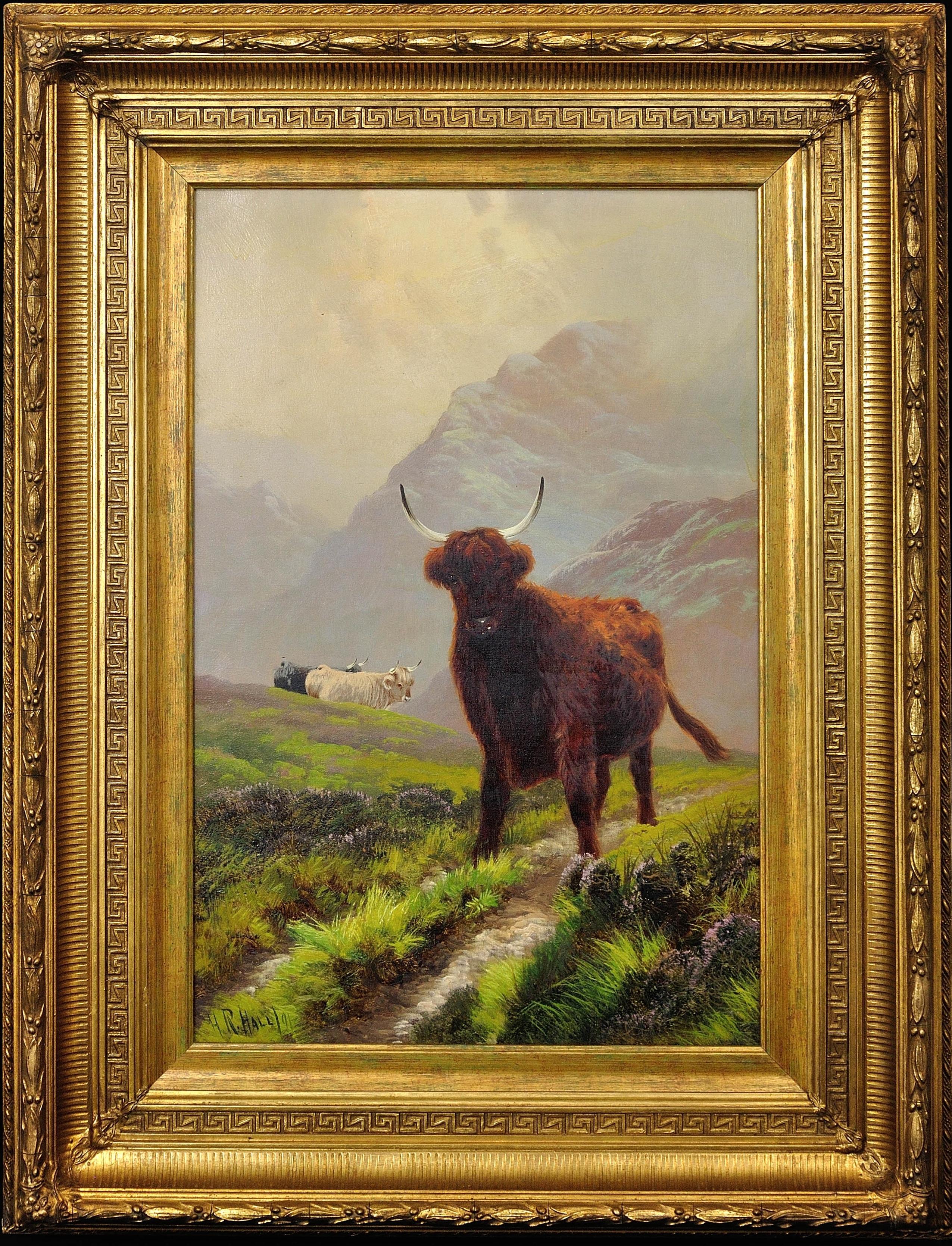  Henry Robinson Hall Animal Painting - Highland Cattle in Scottish Upland Pasture, 1891. Scottish Cows. Scotland.