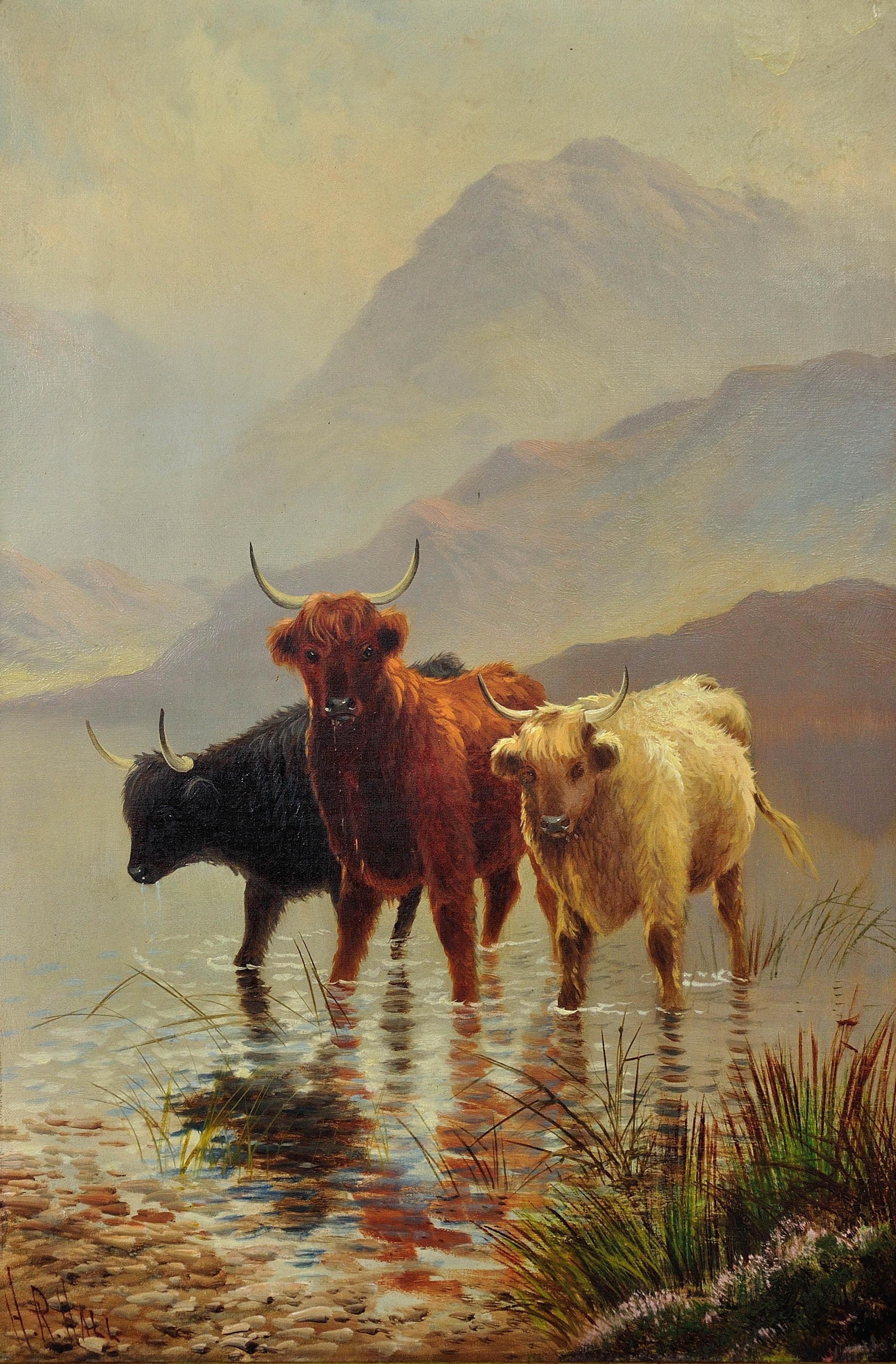 Highland Cattle in the Margins of a Loch. Scottish Cows. Scotland. Victorian. - Painting by  Henry Robinson Hall