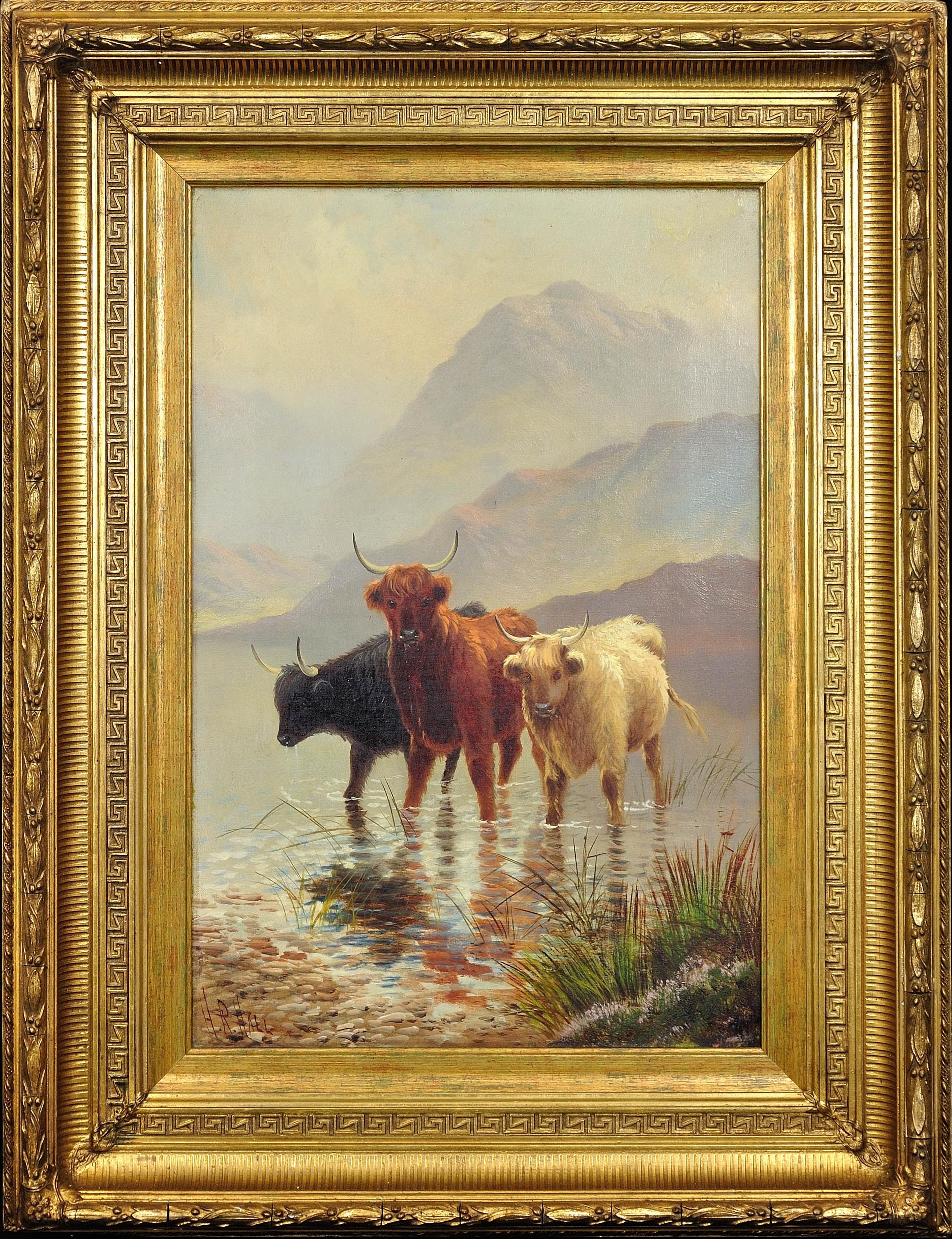  Henry Robinson Hall Animal Painting - Highland Cattle in the Margins of a Loch. Scottish Cows. Scotland. Victorian.
