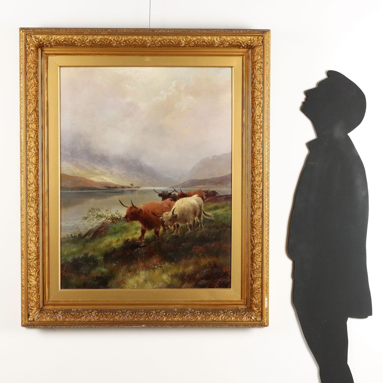 Highland Cattle Loch Venachar 19th century - Painting by  Henry Robinson Hall