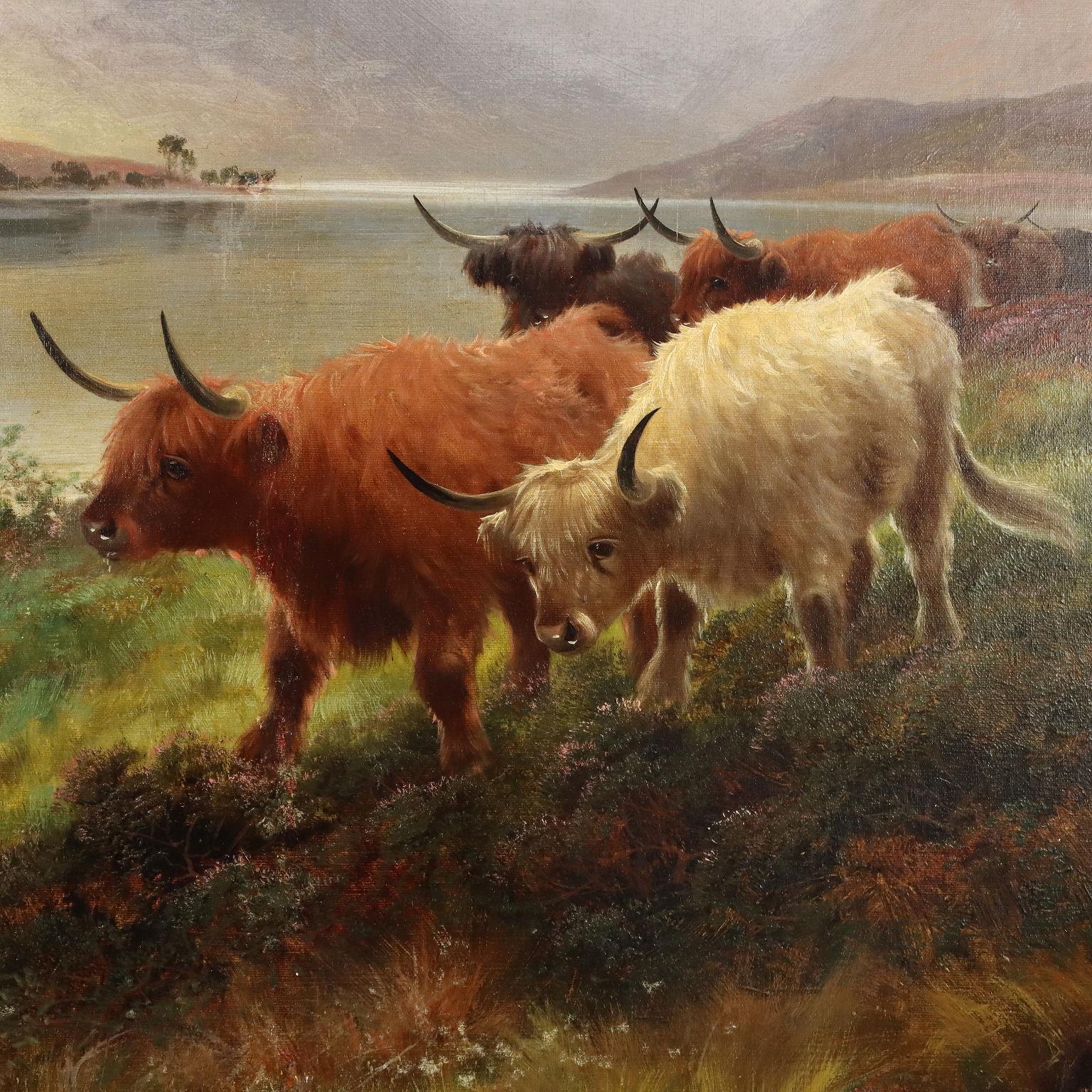 Highland Cattle Loch Venachar 19th century - Brown Landscape Painting by  Henry Robinson Hall