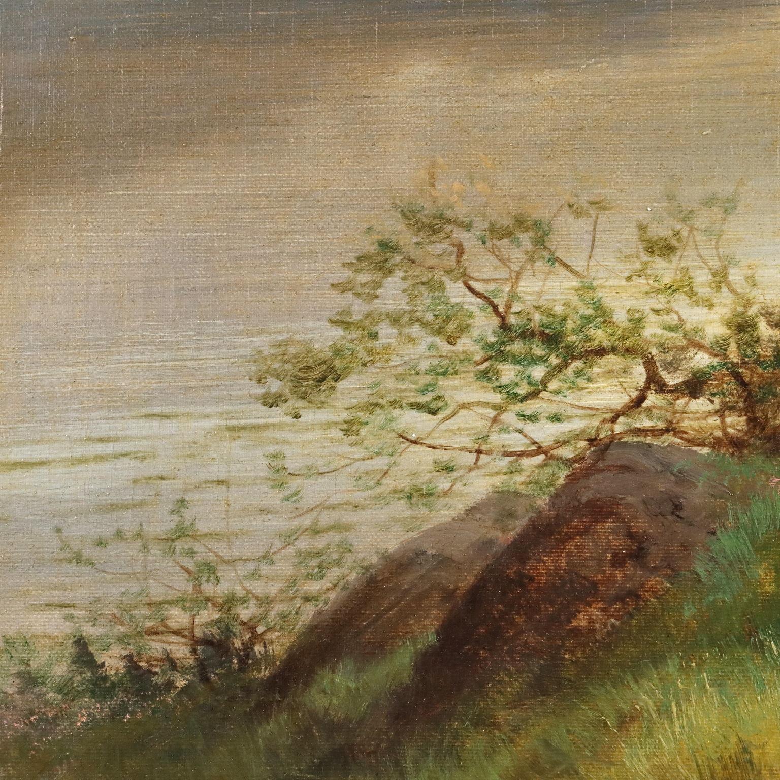 Oil on Canvas. Signed in lower left hand corner. On the back additional signature and title.
A herd of Highlands cows, a breed typical of Scotland, is presented, depicted on the shores of Scotland's Venachar Lake.
Henry Robinson Hall was an English
