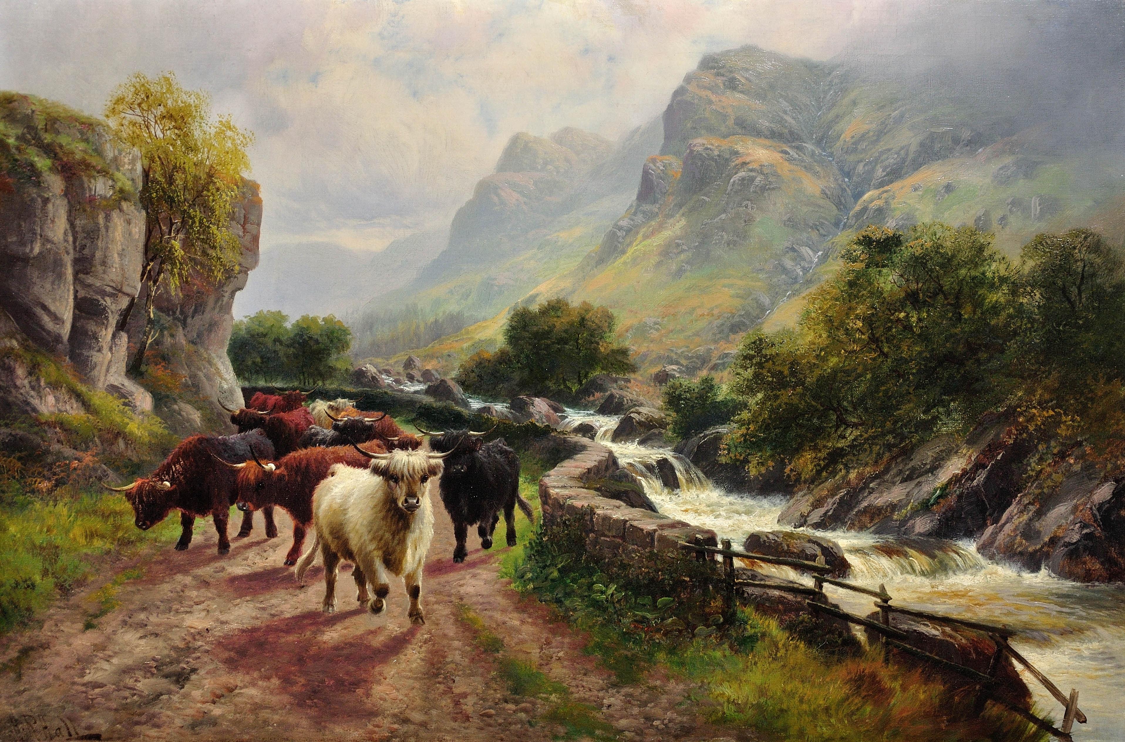 The Pass of The Trossachs, Scotland – Highland Cattle. Scottish Cows. Victorian. - Painting by  Henry Robinson Hall