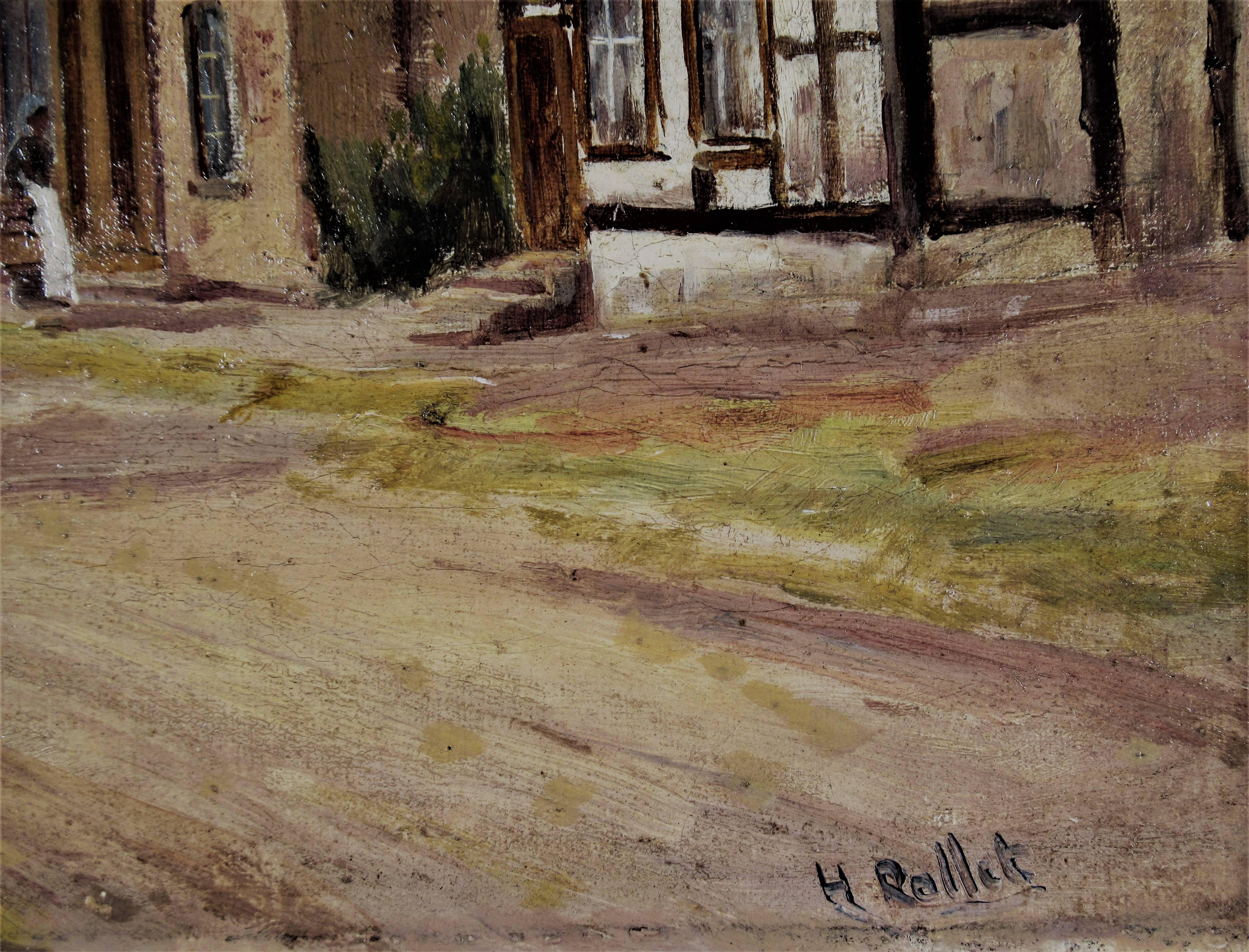 Rue de Village Breton - Figurative Painting Marrón de Henry Rollet