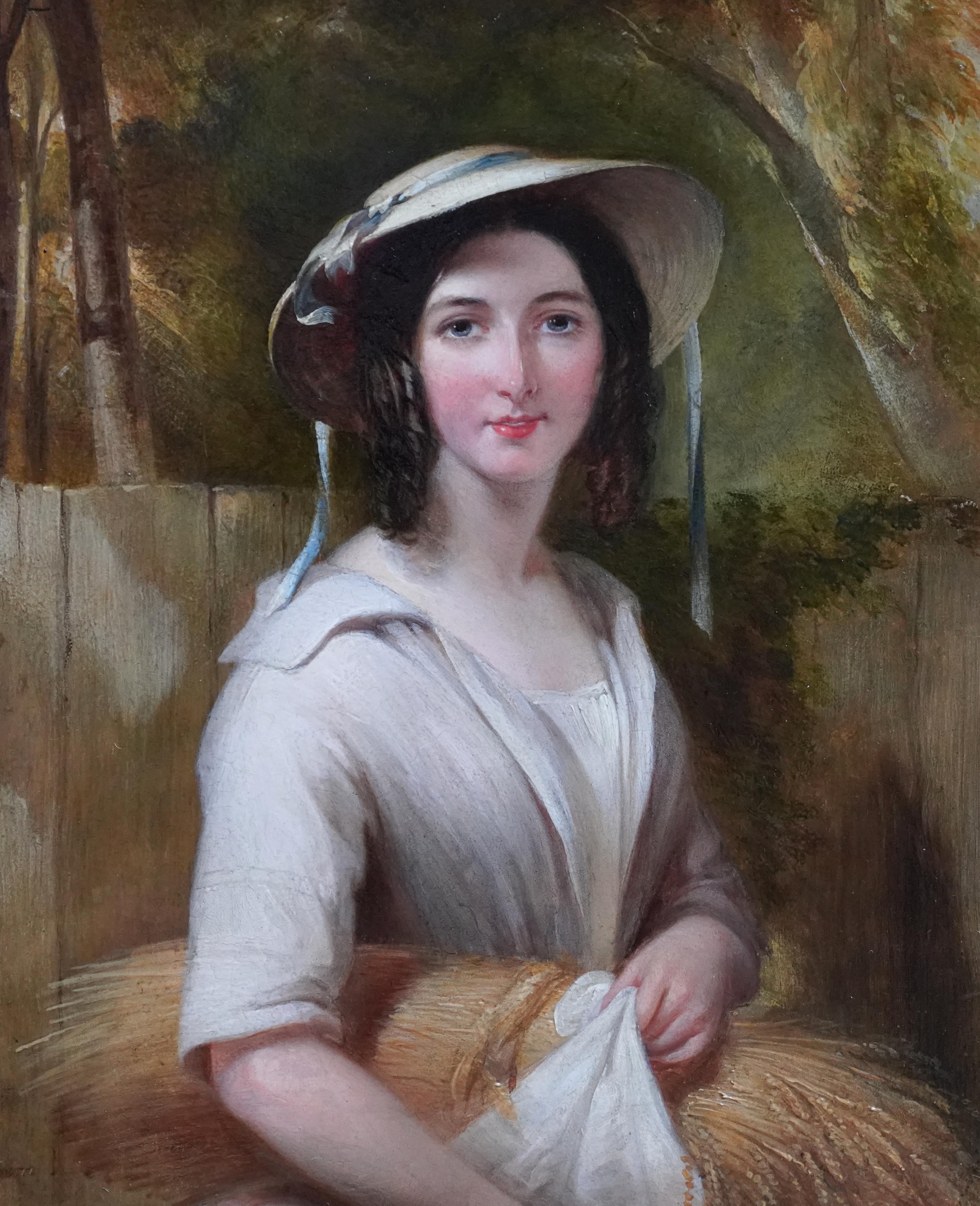 Henry Room, noted Birmingham artist, painted this lovely Victorian portrait oil painting. It was painted in 1842 and exhibited at the Society of British Artists the same year, entitled Forsaken Innocence. It is a charming half length portrait of a