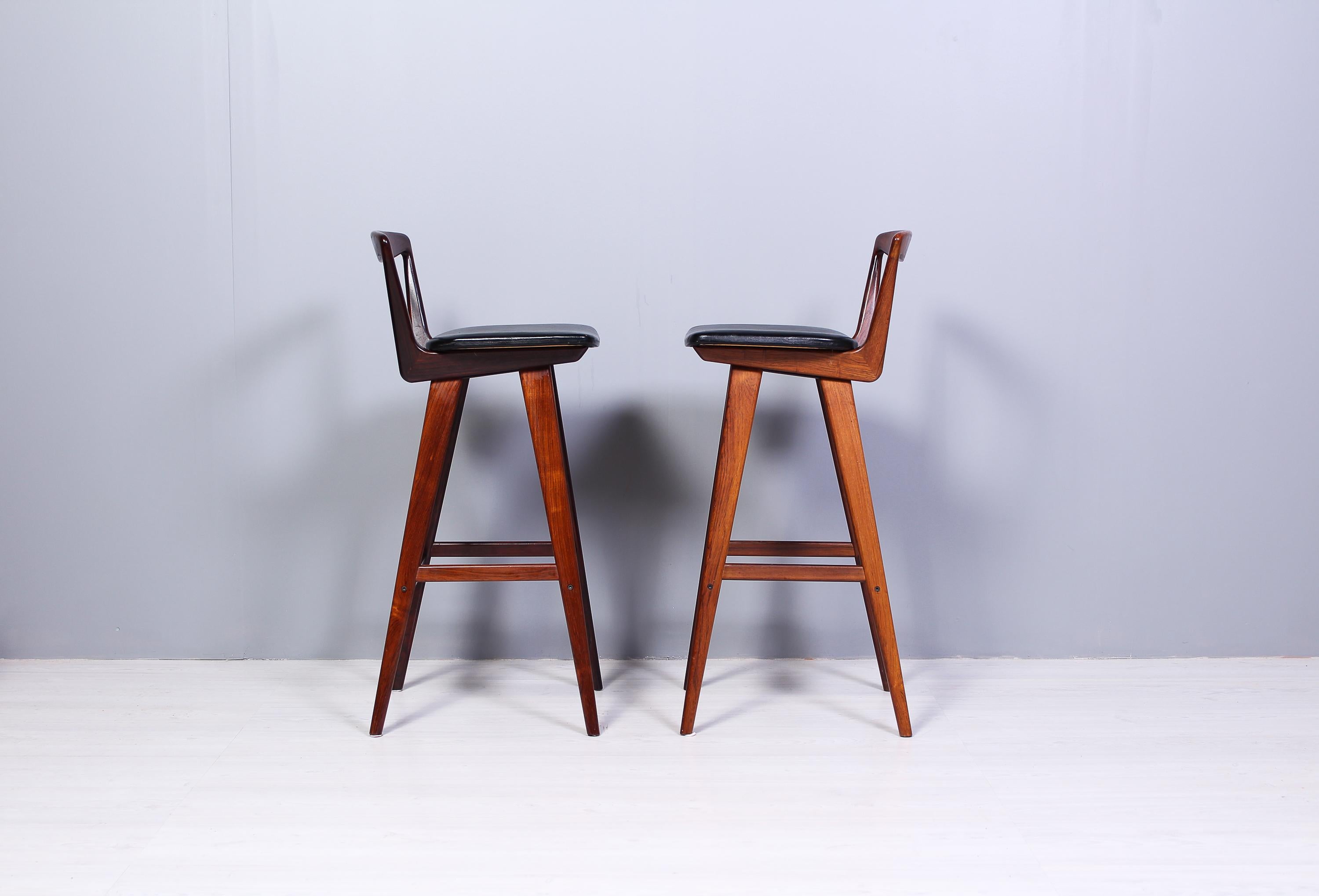 Leather Henry Rosengren Hansen Rosewood Bar Stools for Brande Møbelfabrik, 1950s