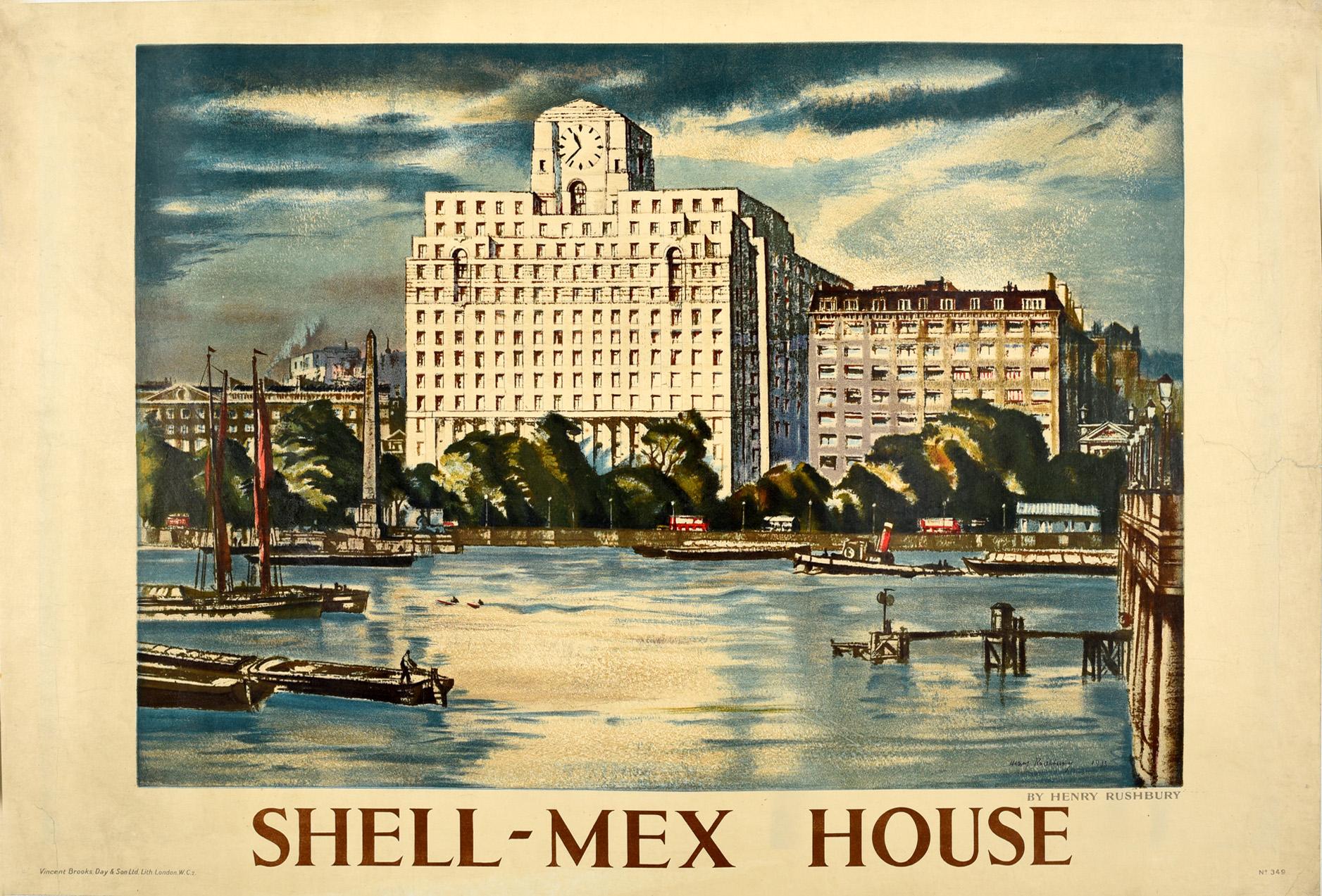 Henry Rushbury Print - Original Vintage Poster Painting Of Shell-Mex House River Thames London BP Shell