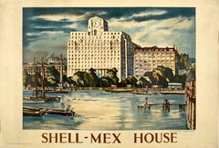 Original Vintage Poster Painting Of Shell-Mex House River Thames London BP Shell