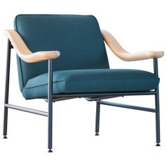 Henry Russell Dark Blue Lounge Chair Stainless Steel Frame Oak Armrests