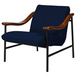 Henry Russell Dark Blue Lounge Chair Stainless Steel Frame Walnut Armrests