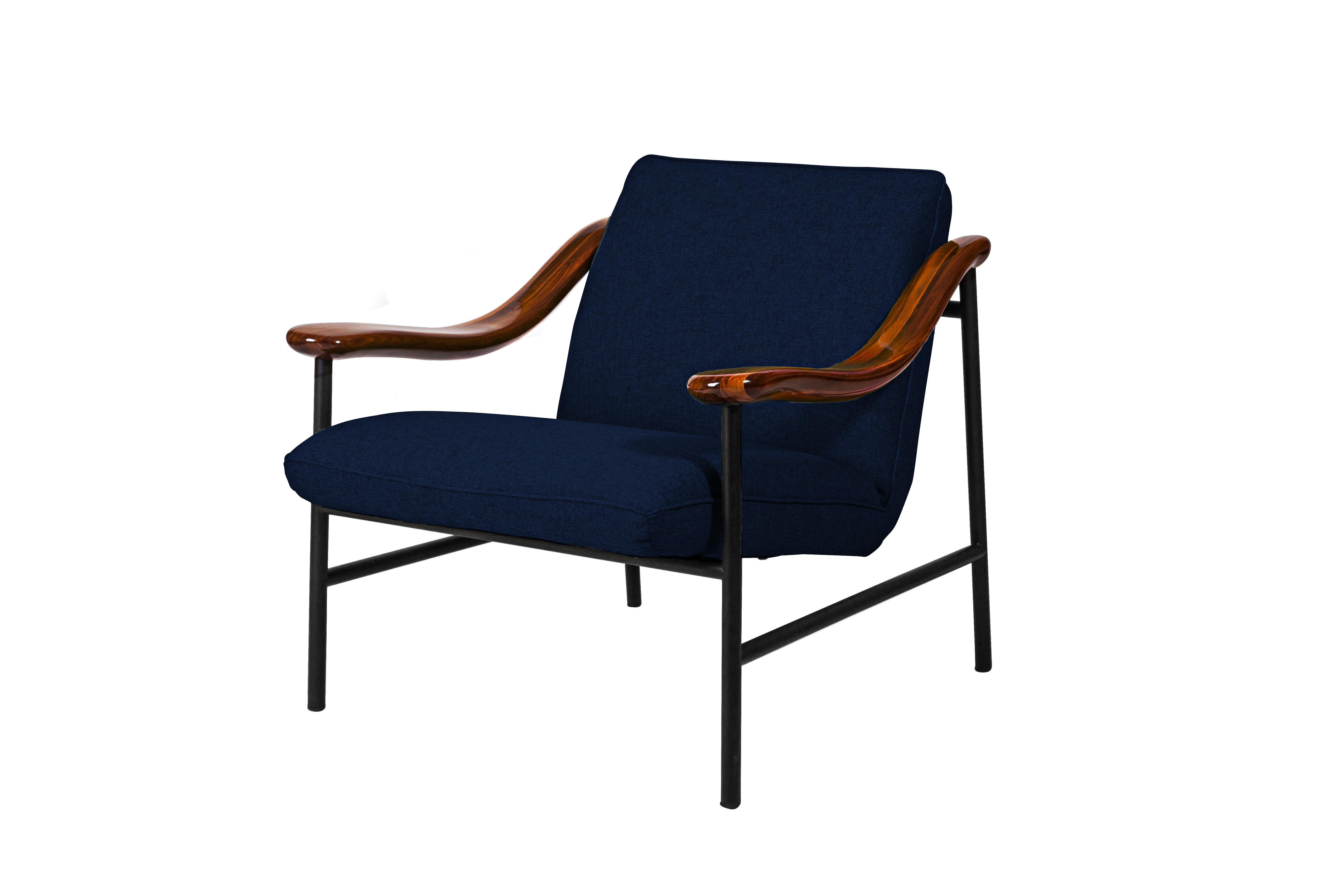 Henry Russell Indigo Blue Lounge Chair Stainless Steel Frame Walnut Armrests im Angebot 7