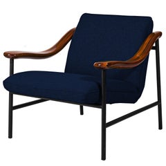 Henry Russell Indigo Blue Lounge Chair Stainless Steel Frame Walnut Armrests