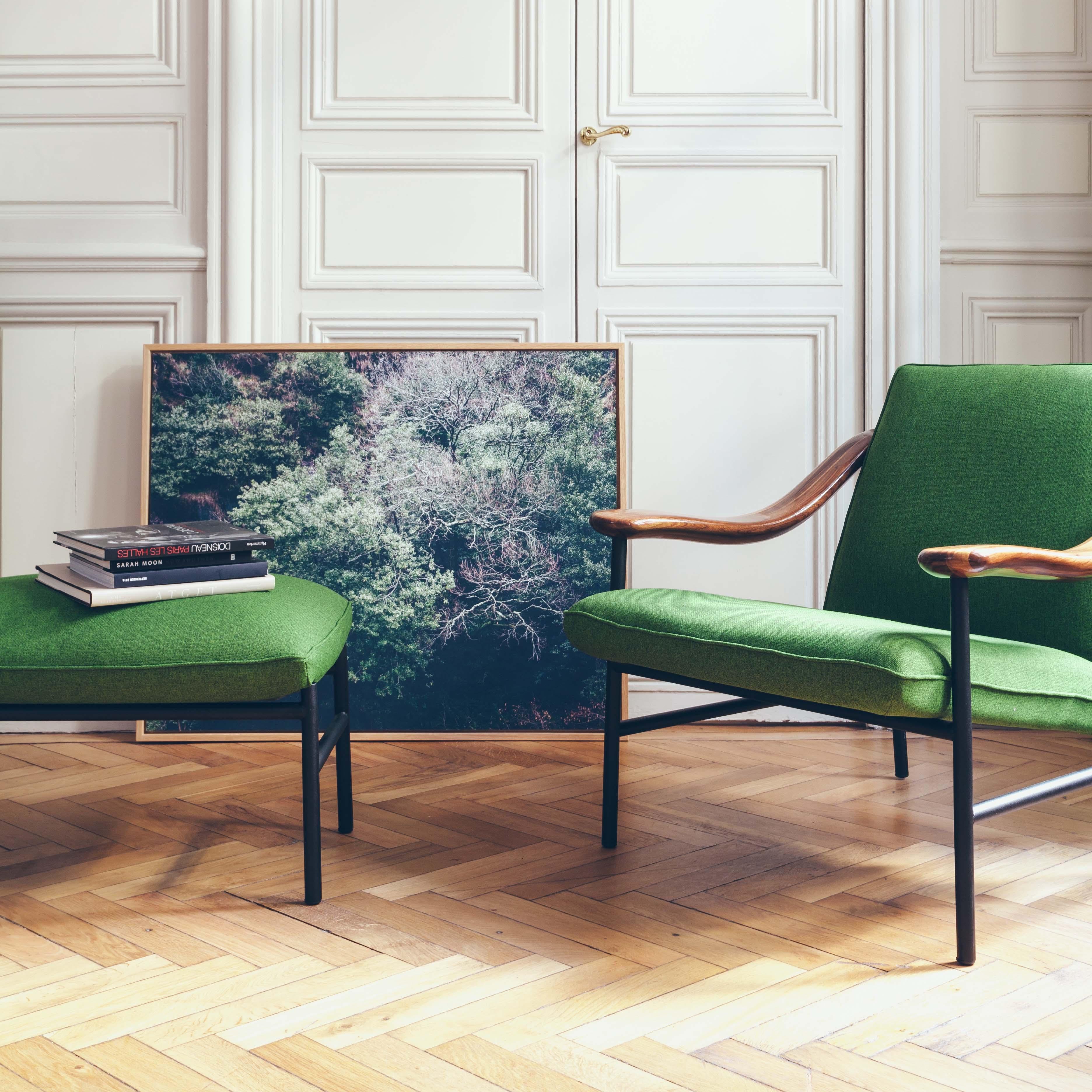 Henry Russell Yellow Green Lounge Chair Stainless Steel Frame Oak Armrests