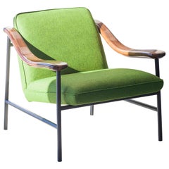 Henry Russell Yellow Green Lounge Chair Stainless Steel Frame Walnut Armrests