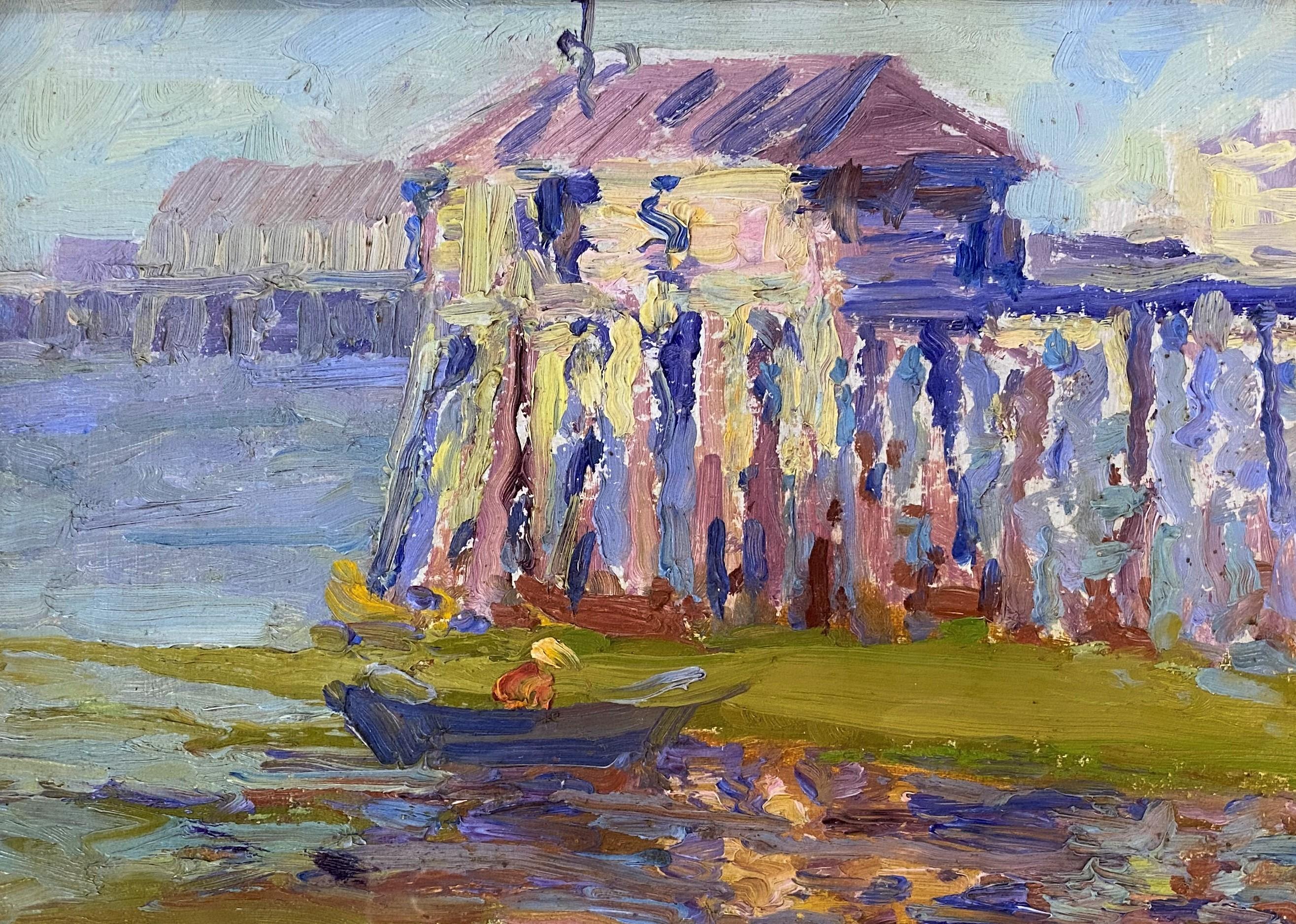 A fine impressionist coastal oil painting of Provincetown, MA by American impressionist artist Henry Rya MacGinnis (1874-1962). MacGinnis was born in Indiana and began his art studies under the Hoosier artists T.C. Steele, J.O. Adams and William