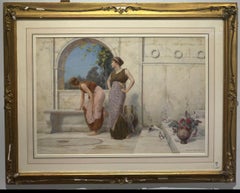 CLASSICAL Antique PRE-RAPHEALITE Grecian Ladies on a MARBLE Painted TERRACE