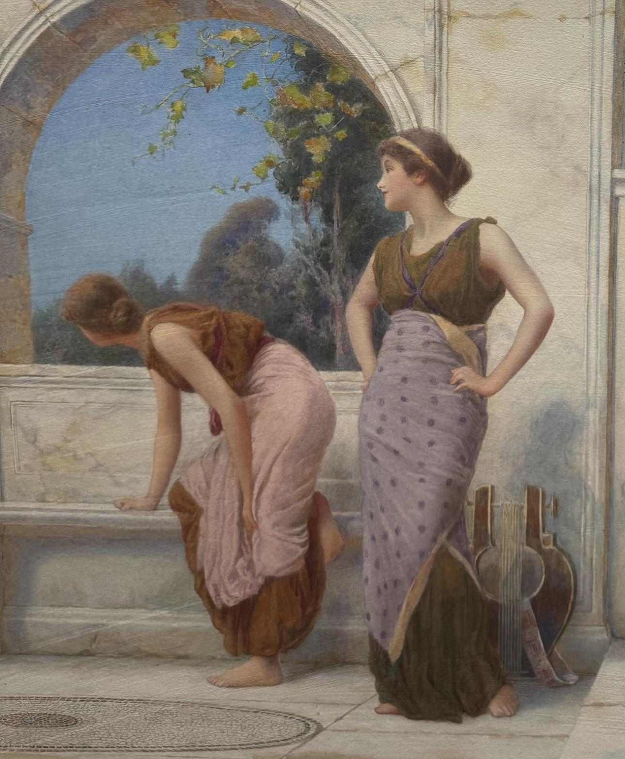 CLASSICAL Antique PRE-RAPHEALITE Grecian Ladies on a MARBLE Painted TERRACE in vendita 1