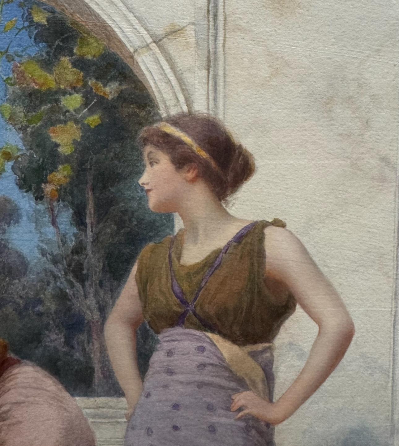 CLASSICAL Antique PRE-RAPHEALITE Grecian Ladies on a MARBLE Painted TERRACE in vendita 2