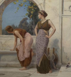 CLASSICAL Antique PRE-RAPHEALITE Grecian Ladies on a MARBLE Painted TERRACE