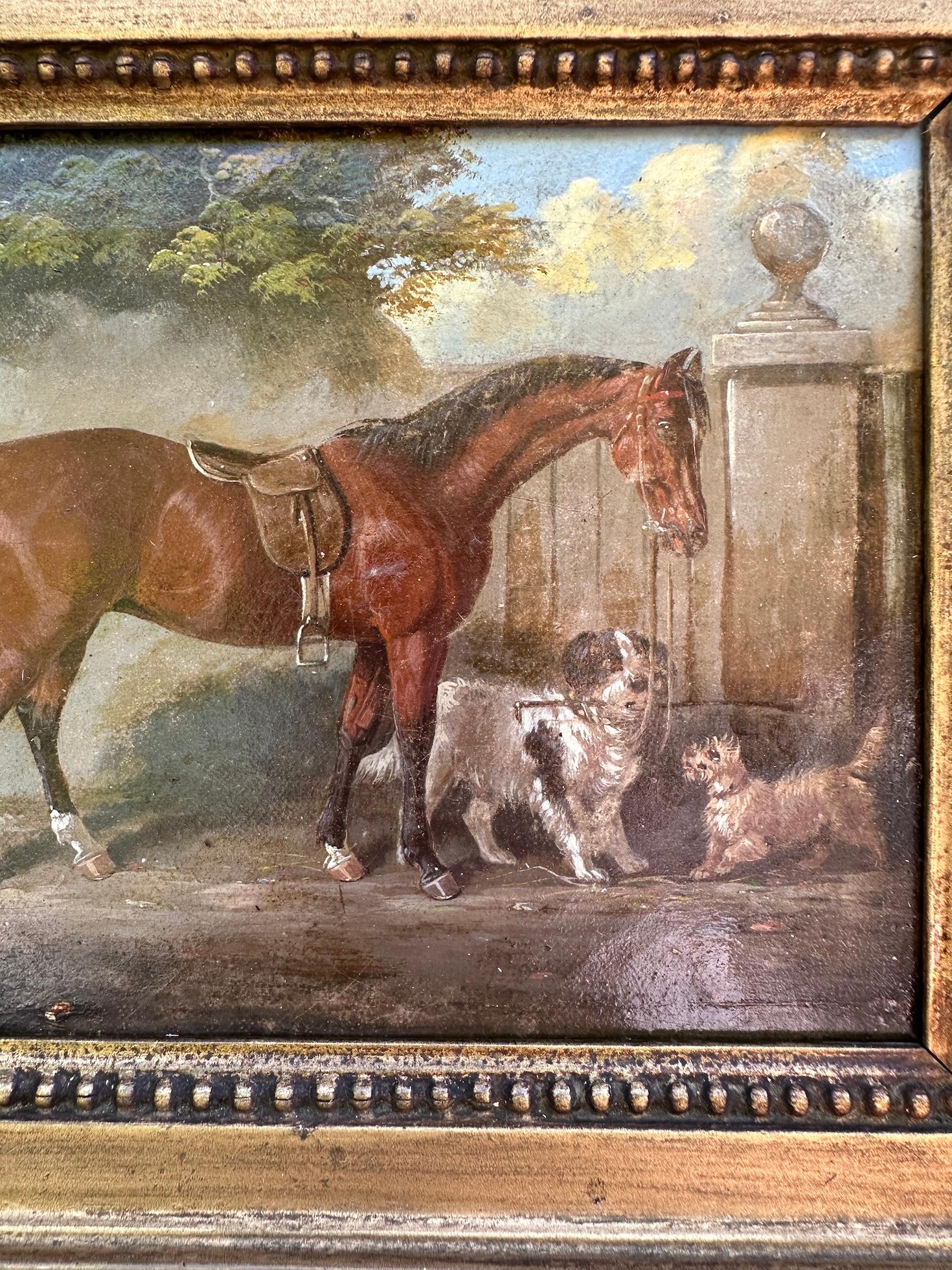 19th century English Chestnut horse and terrier and spaniel in a landscape - Painting by Henry S. Cottrell
