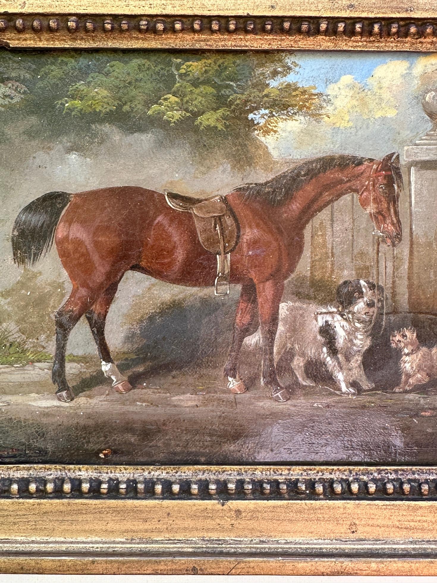 19th century English Chestnut horse and terrier and spaniel in a landscape - Victorian Painting by Henry S. Cottrell