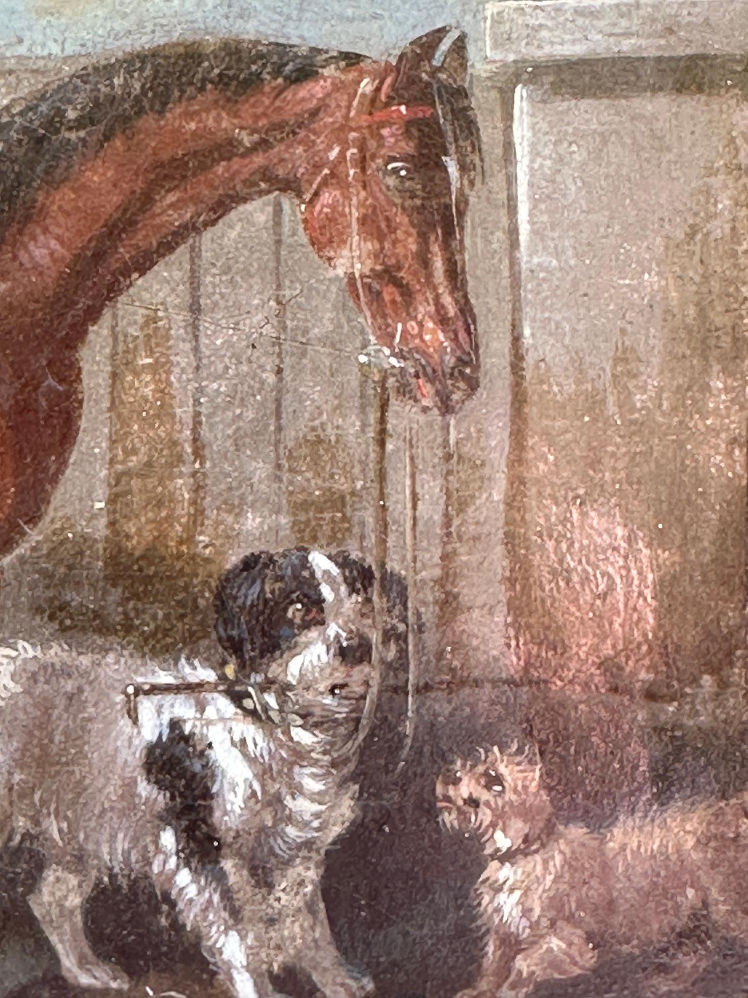 This early 19th-century painting by Henry S. Cottrell, an esteemed English sporting painter, is a captivating representation of the harmony between animals and their environment. Featuring a beautifully detailed chestnut horse alongside a lively