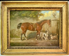 19th century English Chestnut horse and terrier and spaniel in a landscape