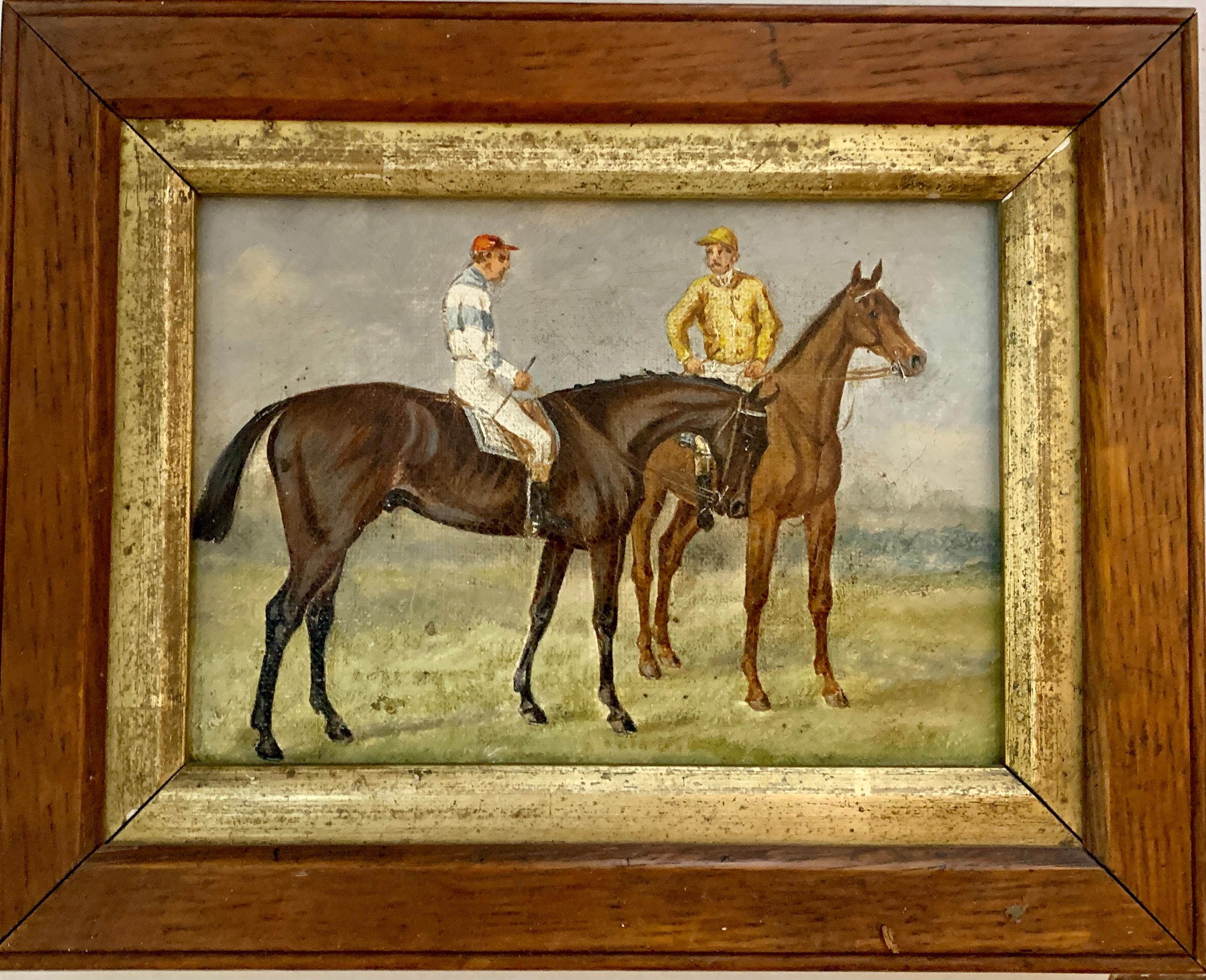 19th century English Horse racing scene with jockeys on horse back in landscape - Painting by Unknown