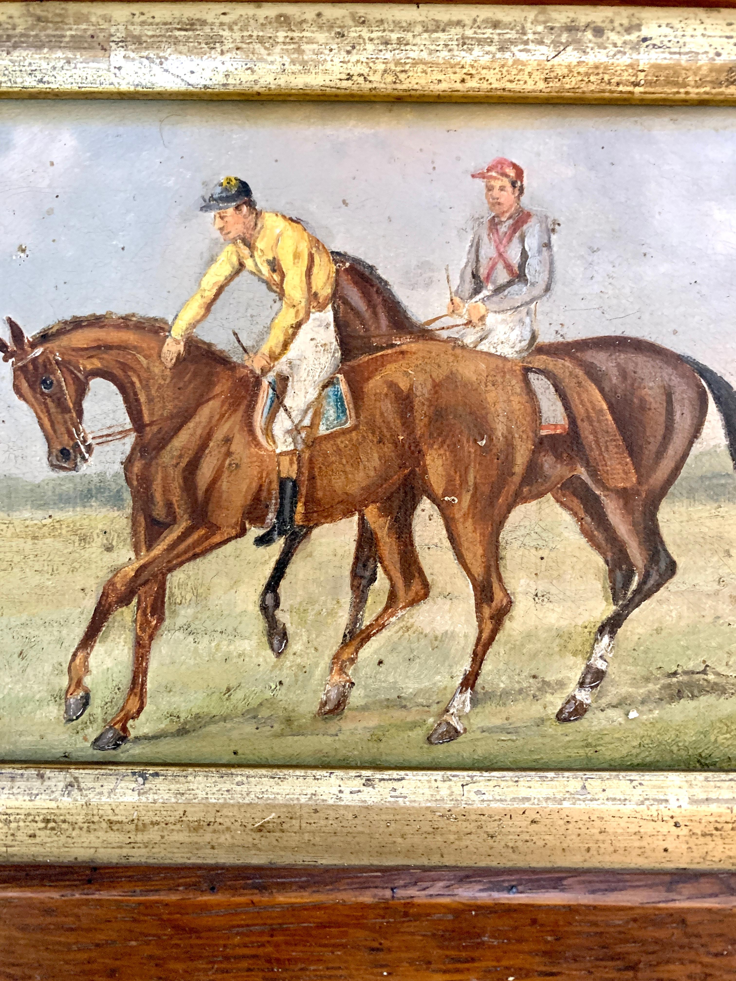 19th century English Horse racing scene with jockeys on horse back in landscape - Painting by Unknown
