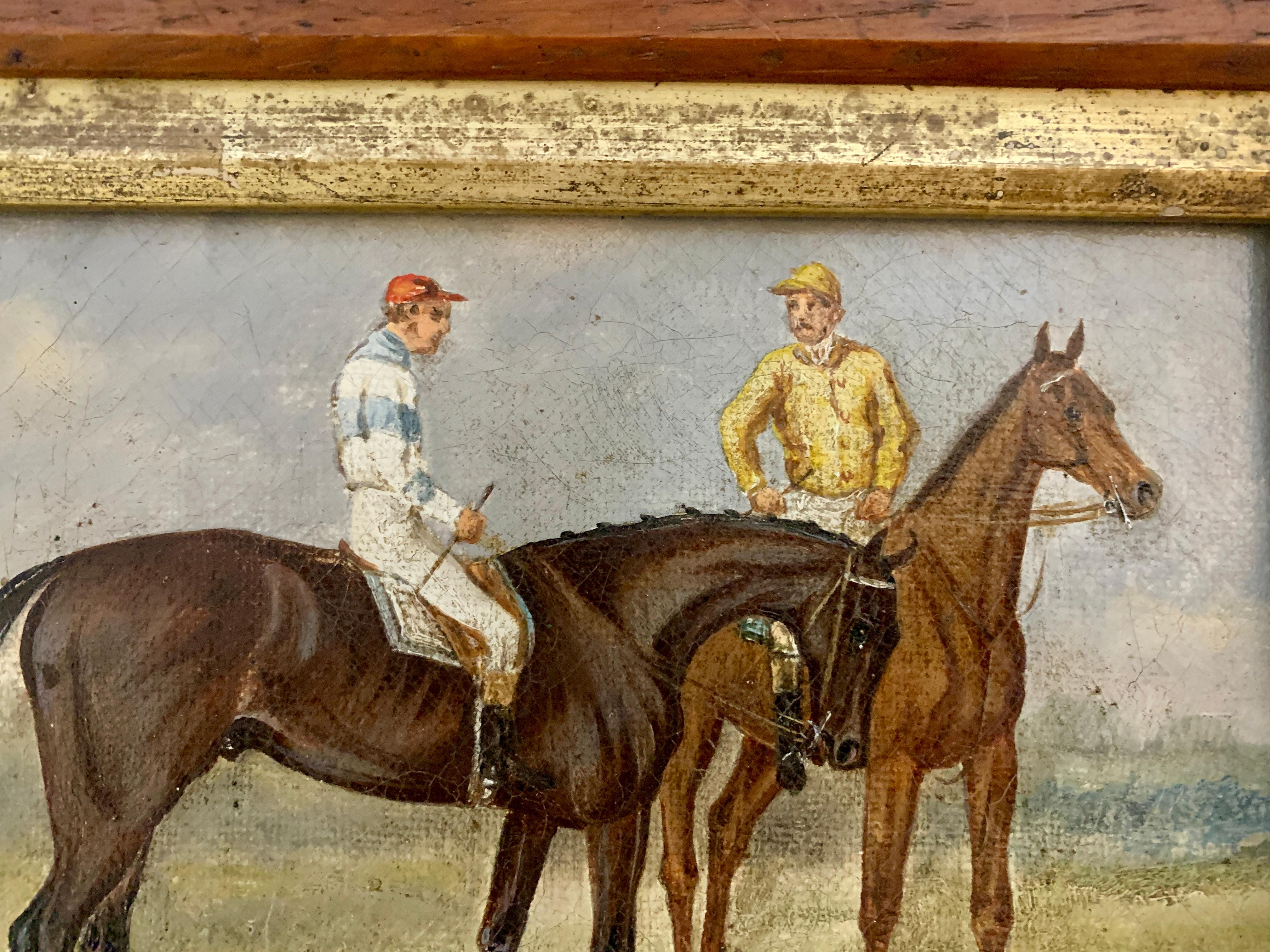 19th century English Horse racing scene with jockeys on horse back in landscape - Victorian Painting by Unknown