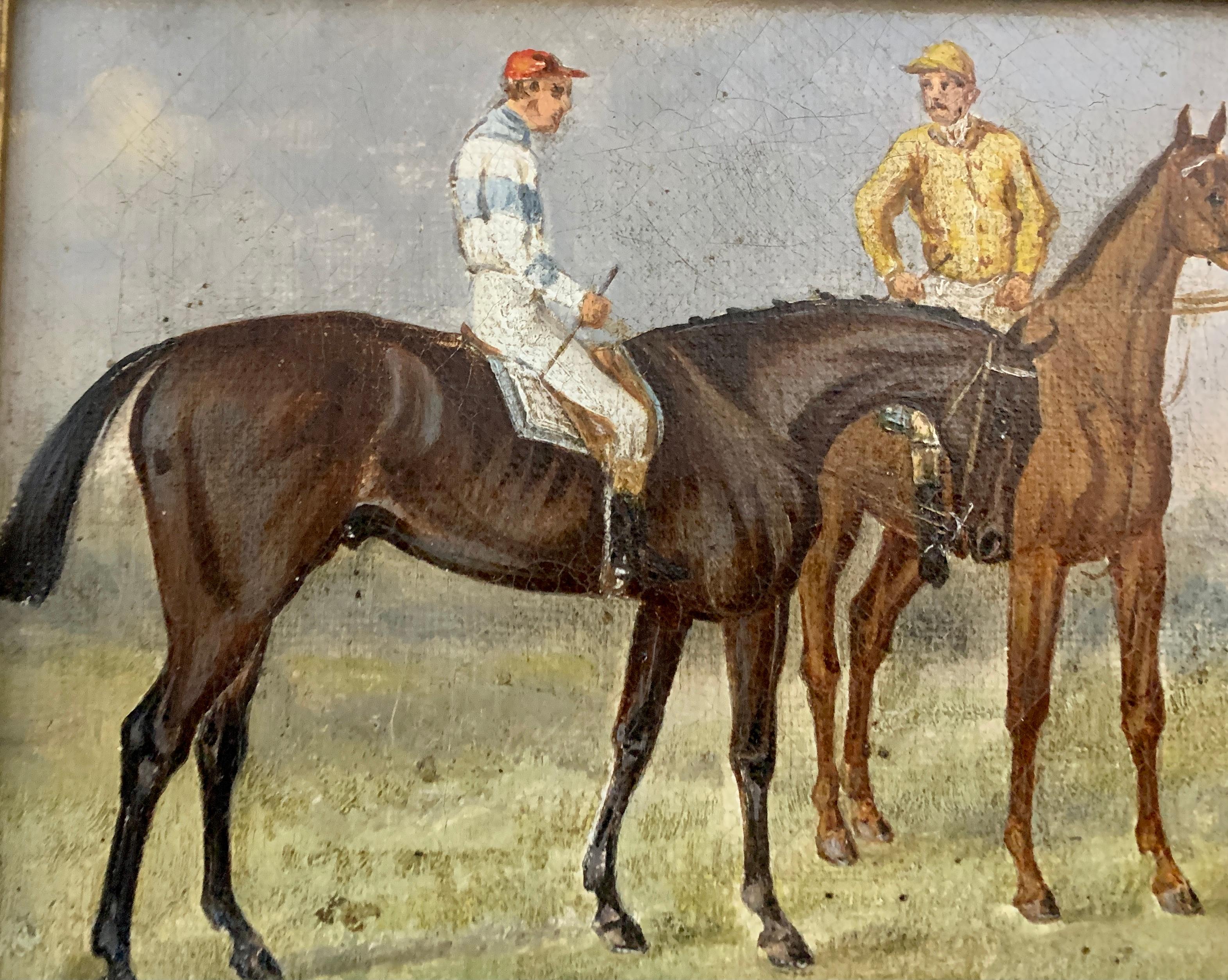 19th century English Horse racing scene with jockeys on horse back in landscape - Brown Figurative Painting by Unknown