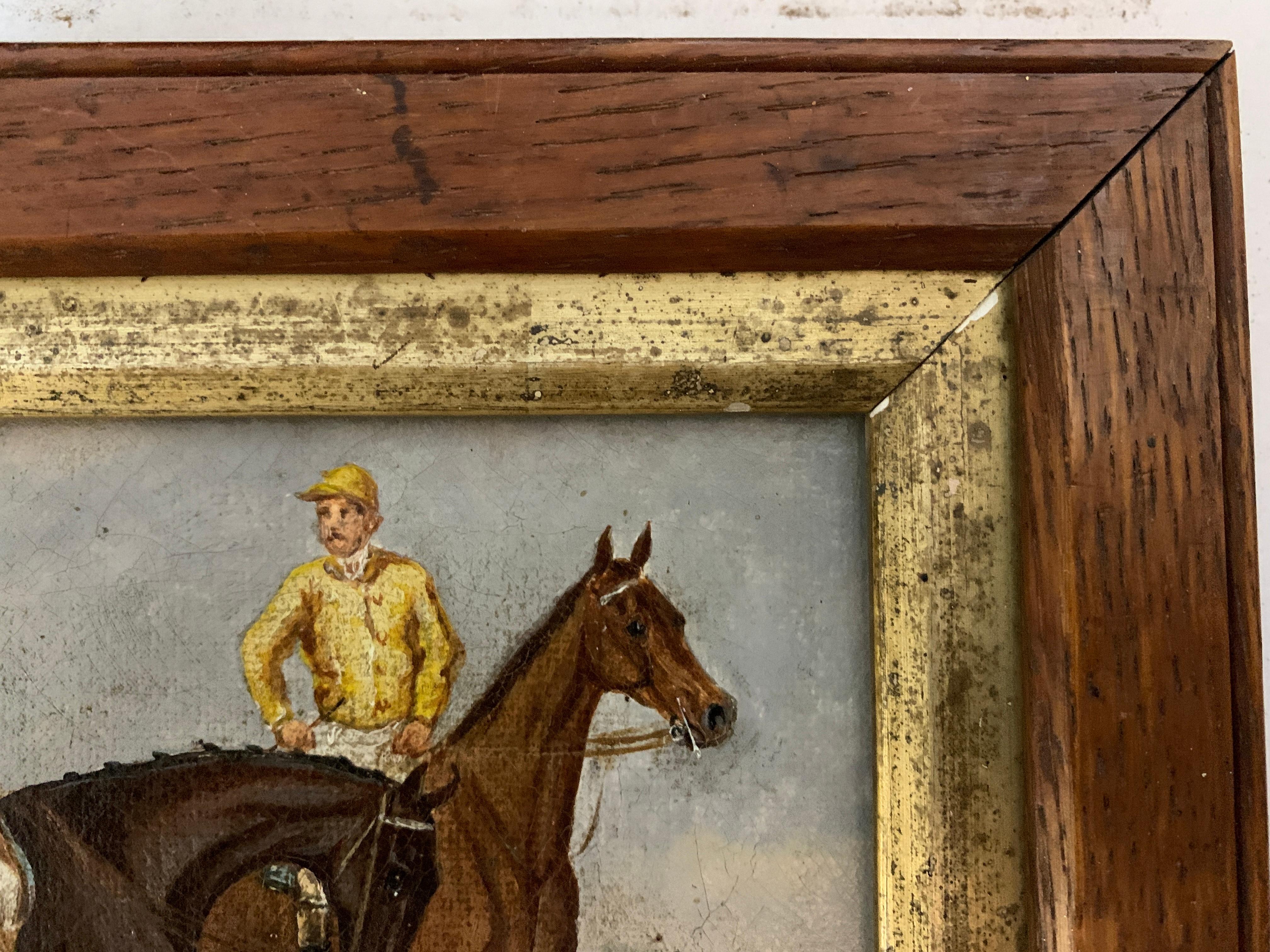 19th century English Horse racing scene with jockeys on horseback in a landscape.

The painting is inscribed along the inside canvas as to the owners of the horses and in this case, it's the Duke of Beaufort and the Marquis of Hastings.

The