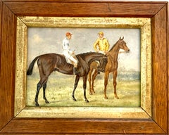 19th century English Horse racing scene with jockeys on horse back in landscape