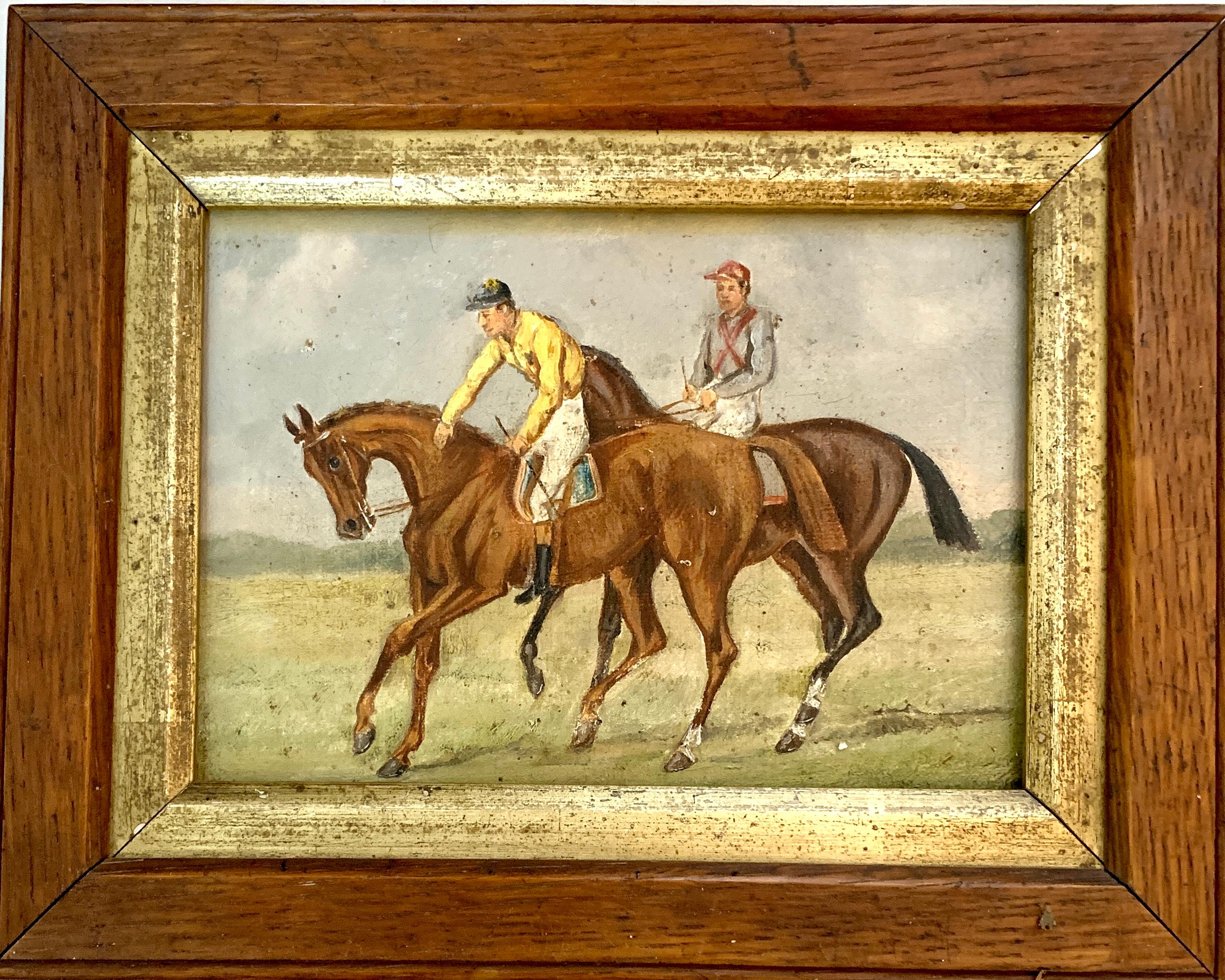 Unknown Figurative Painting - 19th century English Horse racing scene with jockeys on horse back in landscape