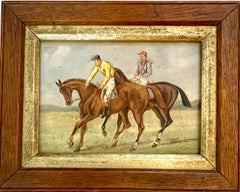 19th century English Horse racing scene with jockeys on horse back in landscape