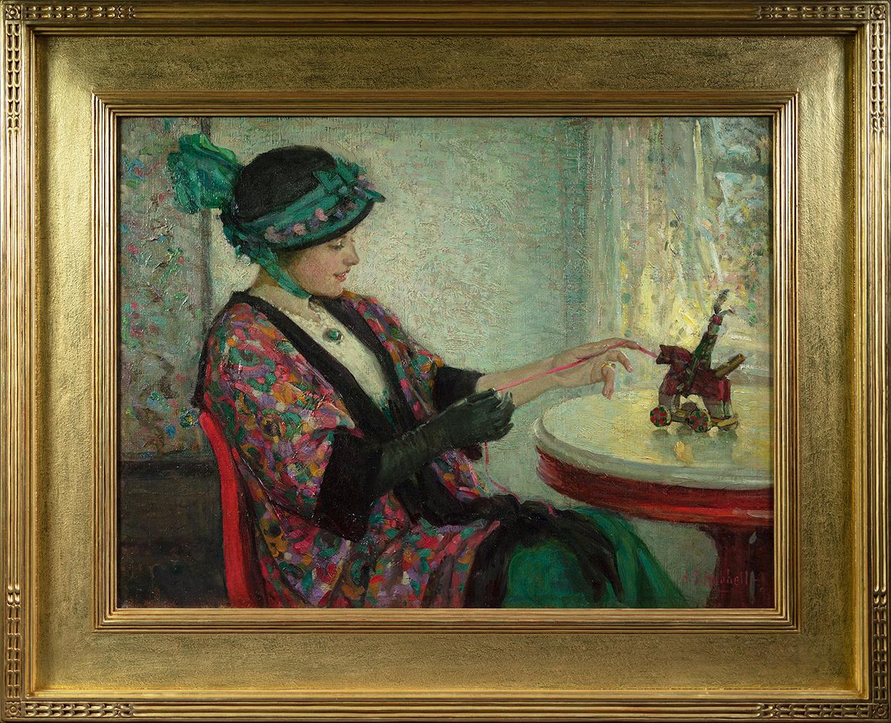 Young Woman with a Toy - Painting by Henry Salem Hubbell 