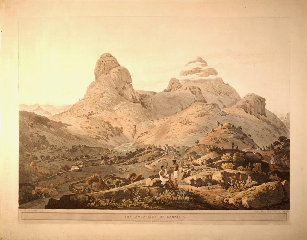 Se trata de un gran aguafuerte original coloreado a mano titulado "Las montañas de Samayut" (Etiopía), dibujado por Henry Salt y grabado por D. Havell. Fue publicada en 1809 en Londres por William Miller en "Veinticuatro vistas tomadas en Santa