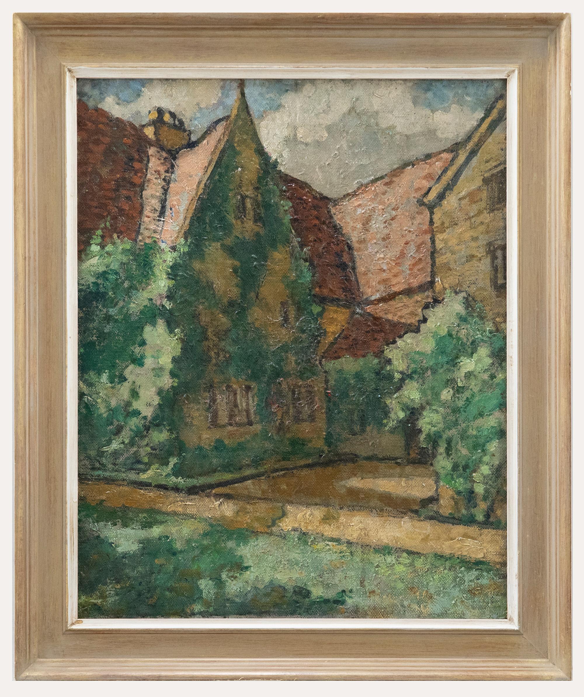 A charming depiction of the entrance to a country house that is partially covered in ivy. Signed verso. Presented in a wooden frame with a white painted window. On board. 