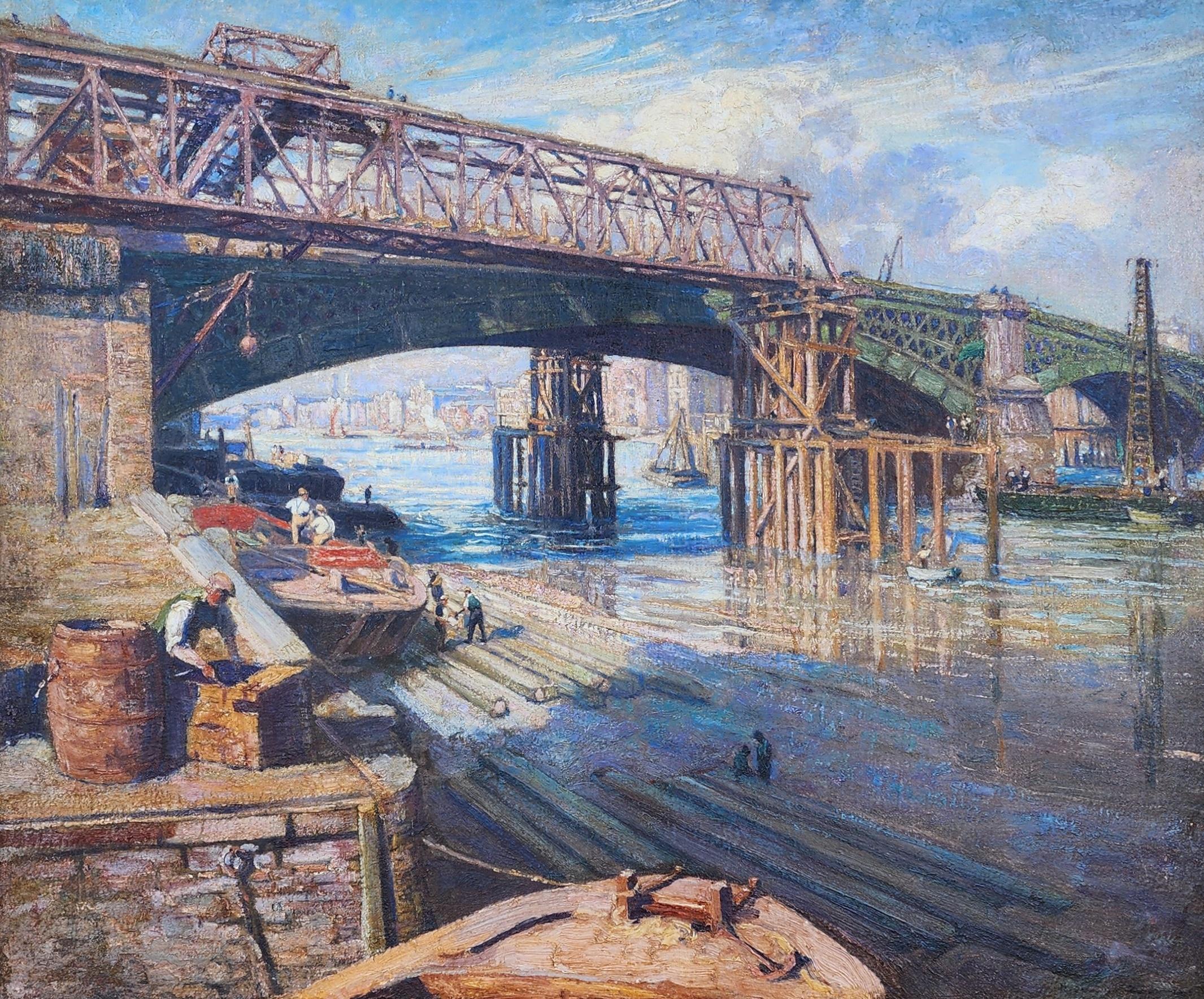 Building Southwark Bridge, 1914, Over the Thames, London, England - Painting by Henry Samuel Teed